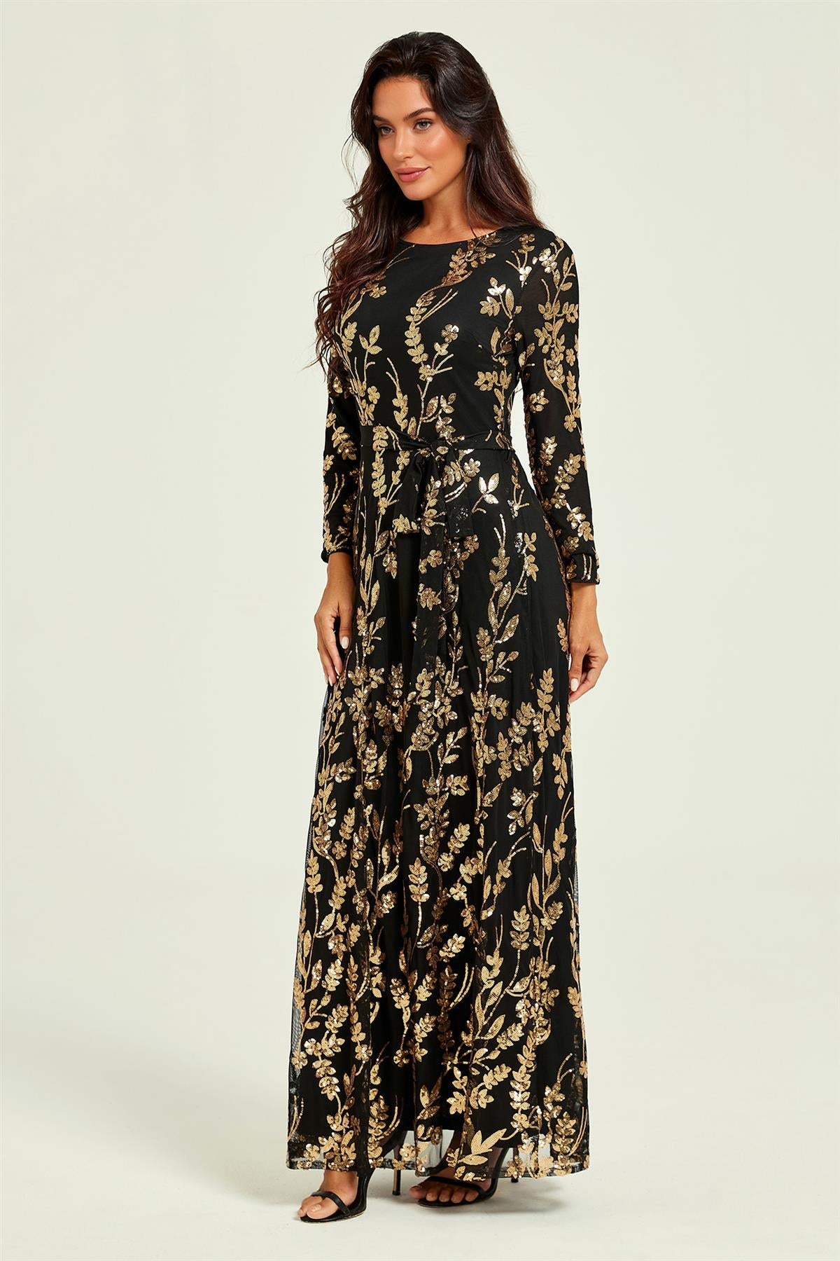 FS Collection Gold Sequin Leaf Long Sleeve Bridesmaid Maxi Dress In Black
