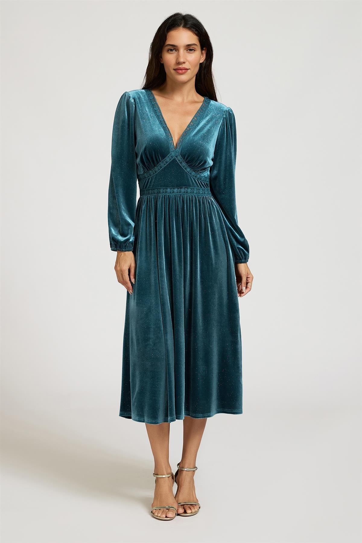 FS Collection Silver Foil Velvet Lace Trim Neckline Midi Dress In Teal