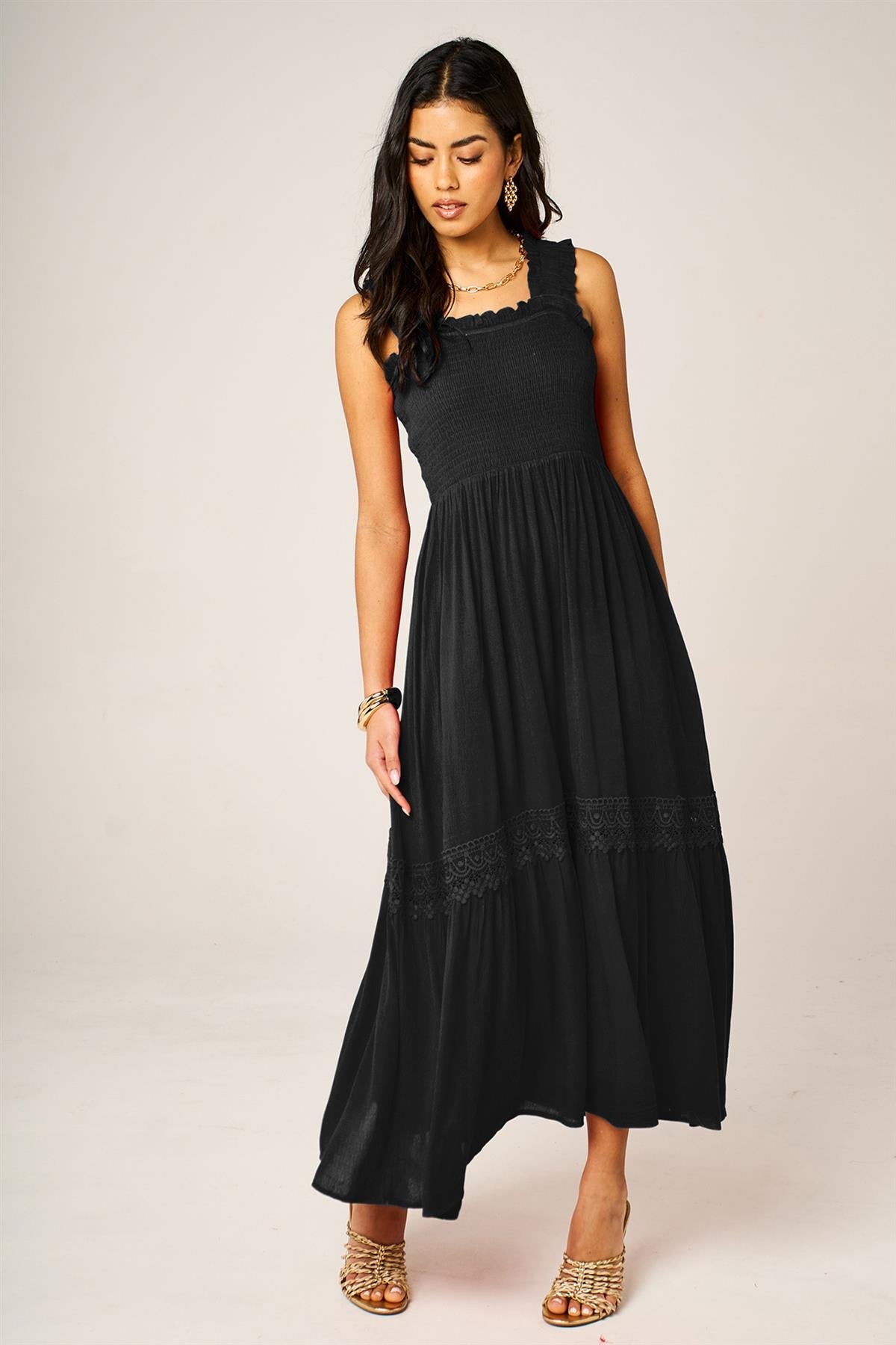 Lace Detail Tiered Maxi Dress In Black