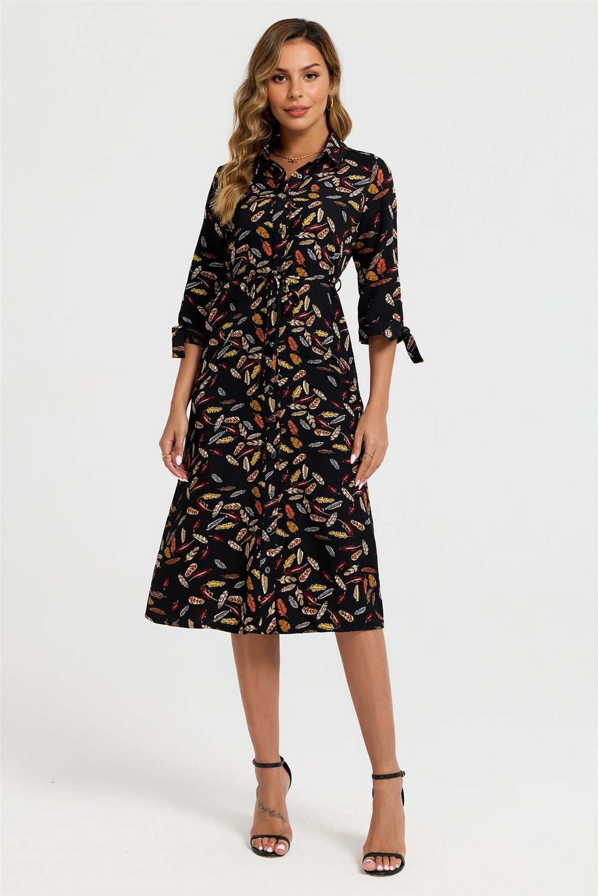 Leaf Print Tie On Sleeves Midi Shirt Dress In Black