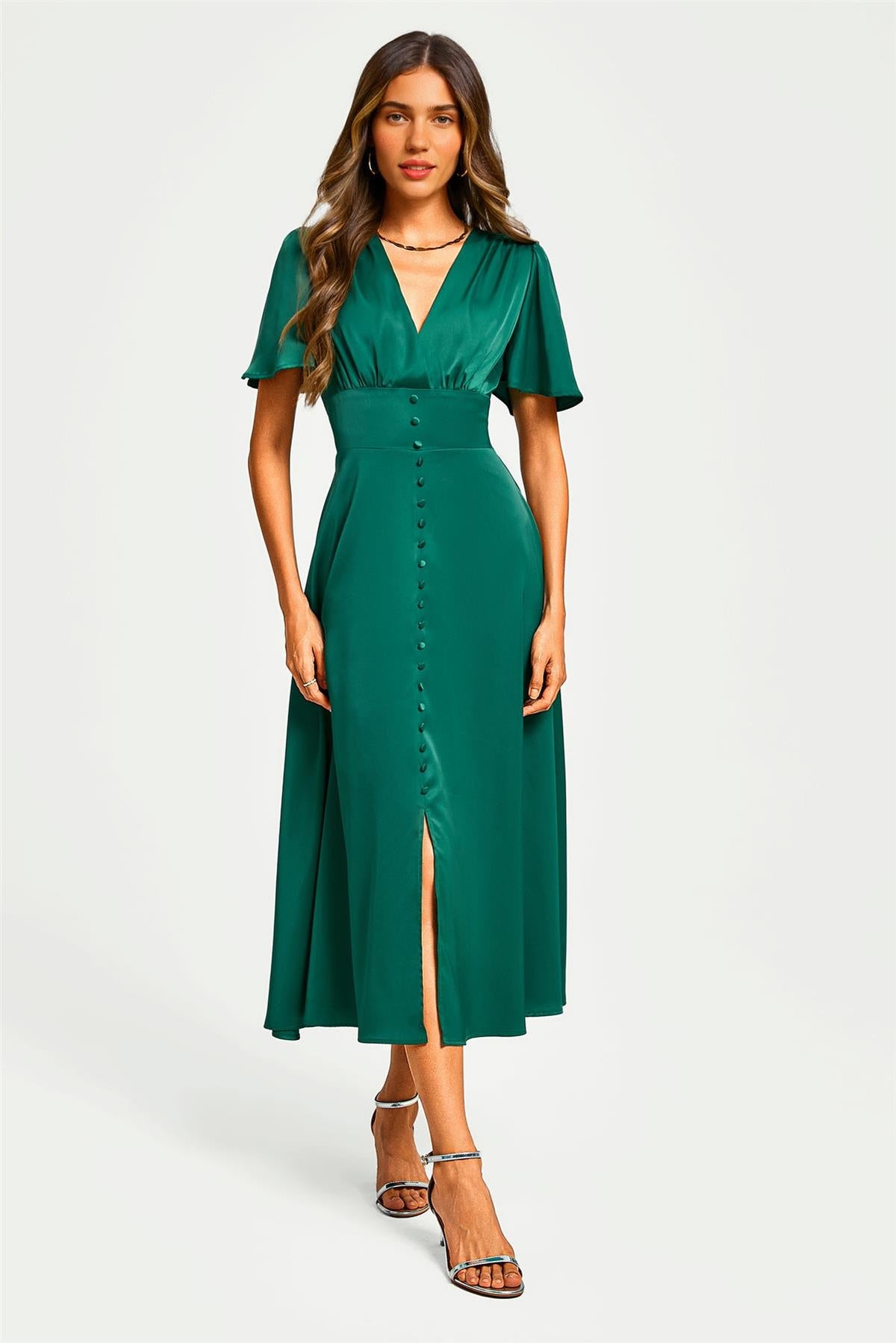 Satin V neckline Button Detail Dress In Green