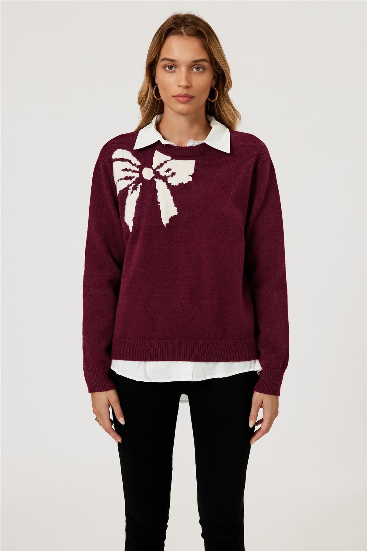 Bowknot Pattern On Shoulder Knit Jumper Top In Wine