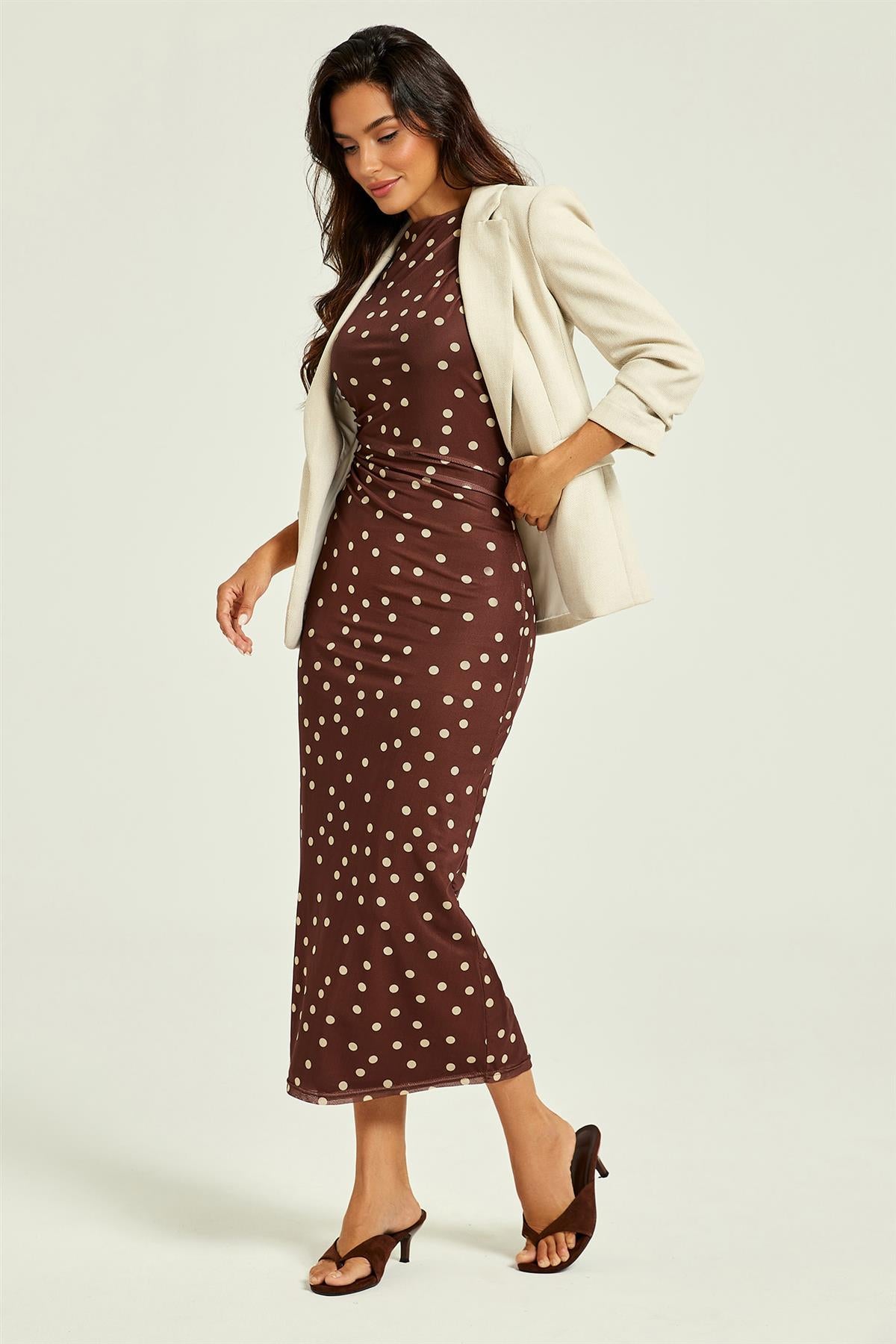 FS Collection Polka Dot Print Mesh Midi Dress In Brown