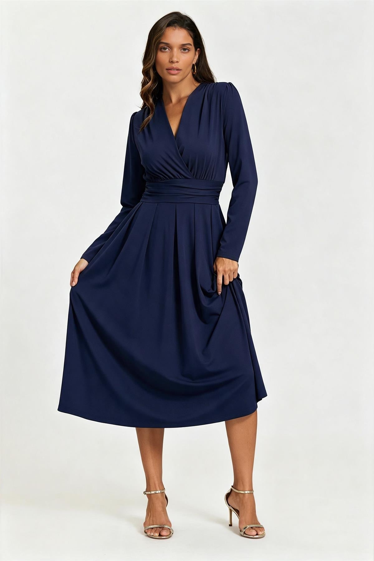 FS Collection Jersey Navy Blue Long Sleeve Midi Dress