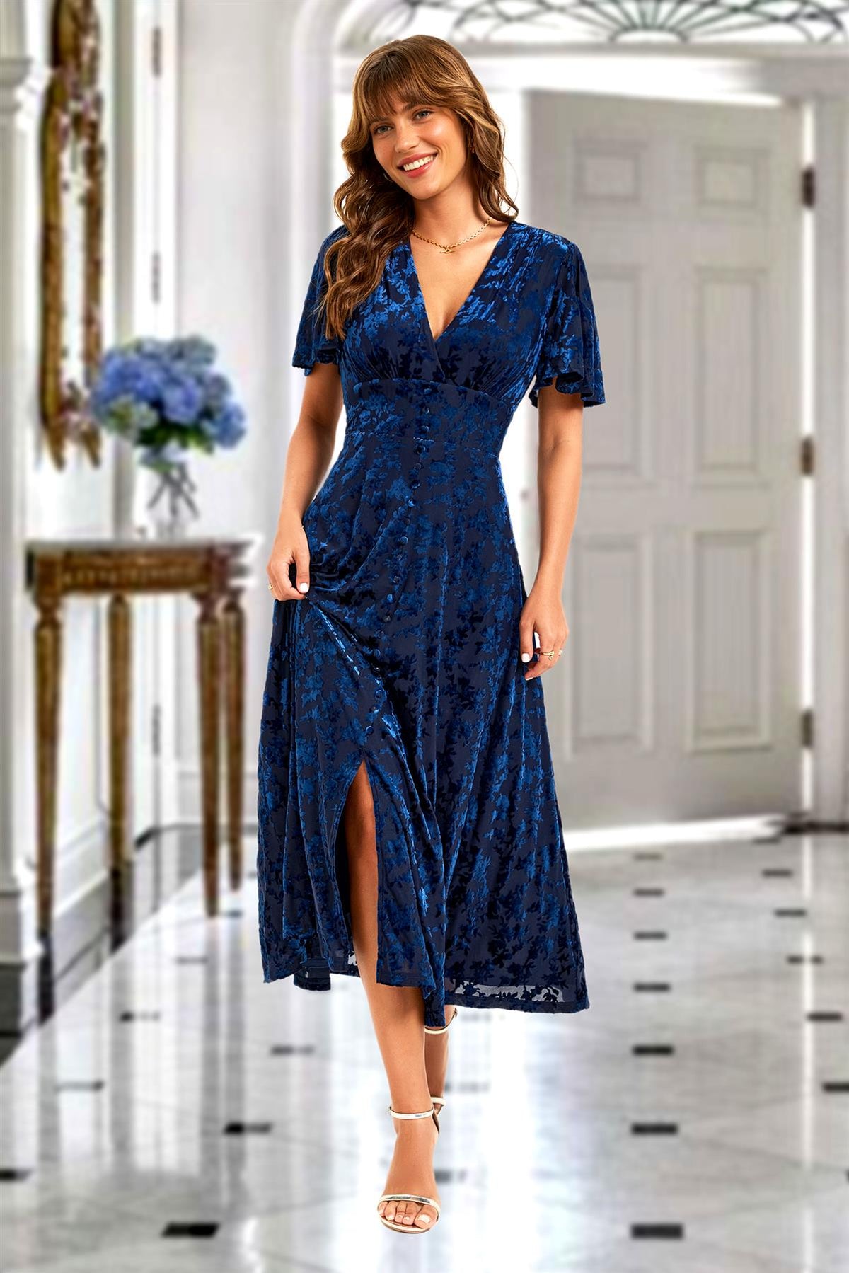 Floral Velvet Devore V neckline Dress In Navy