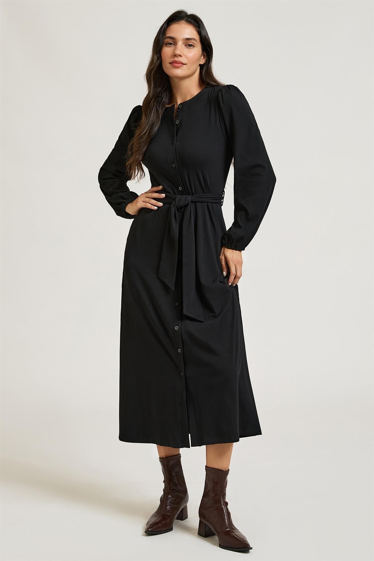 FS Collection Black Long Balloon Sleeve Jersey Midi Shirt Dress