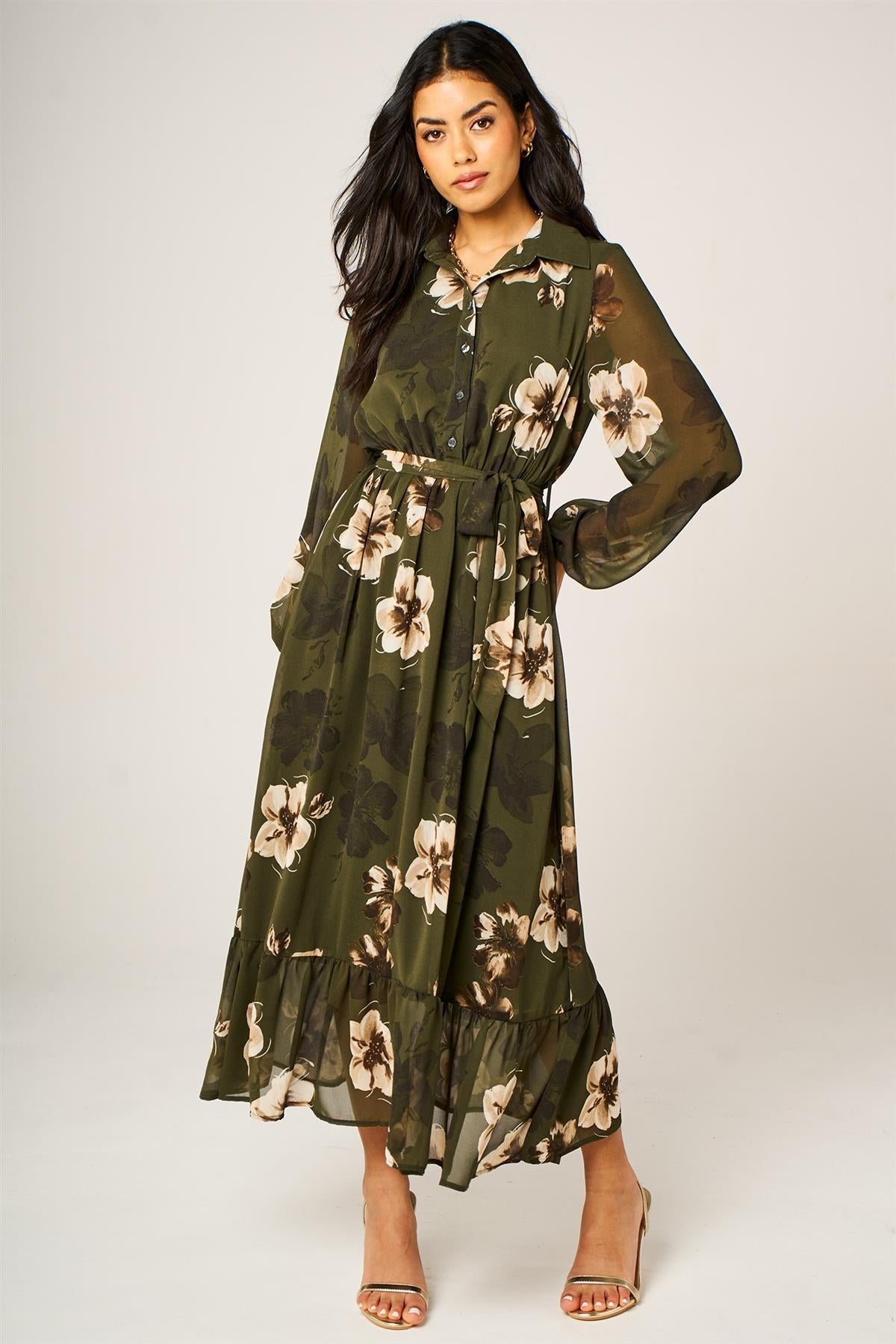 Large Floral Print Hem Detail Shirt Midi Dress With Tie Waist In Olive Green