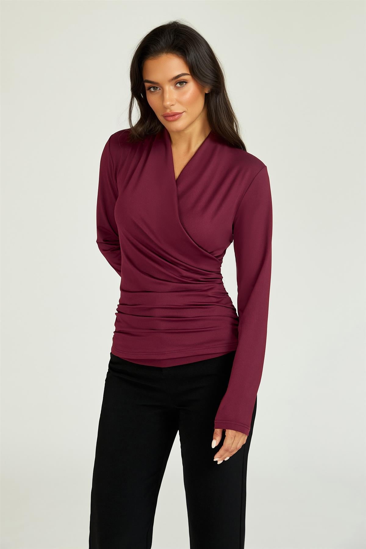 Long Sleeve Wrap Neck Ruched Top In Wine
