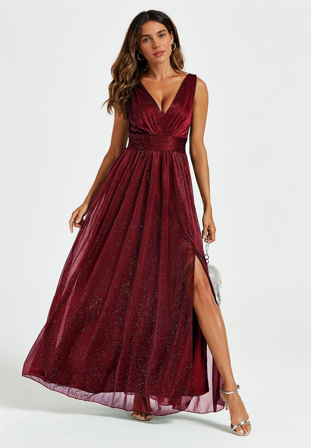FS Collection Sparkly V Neck Burgundy Maxi Dress