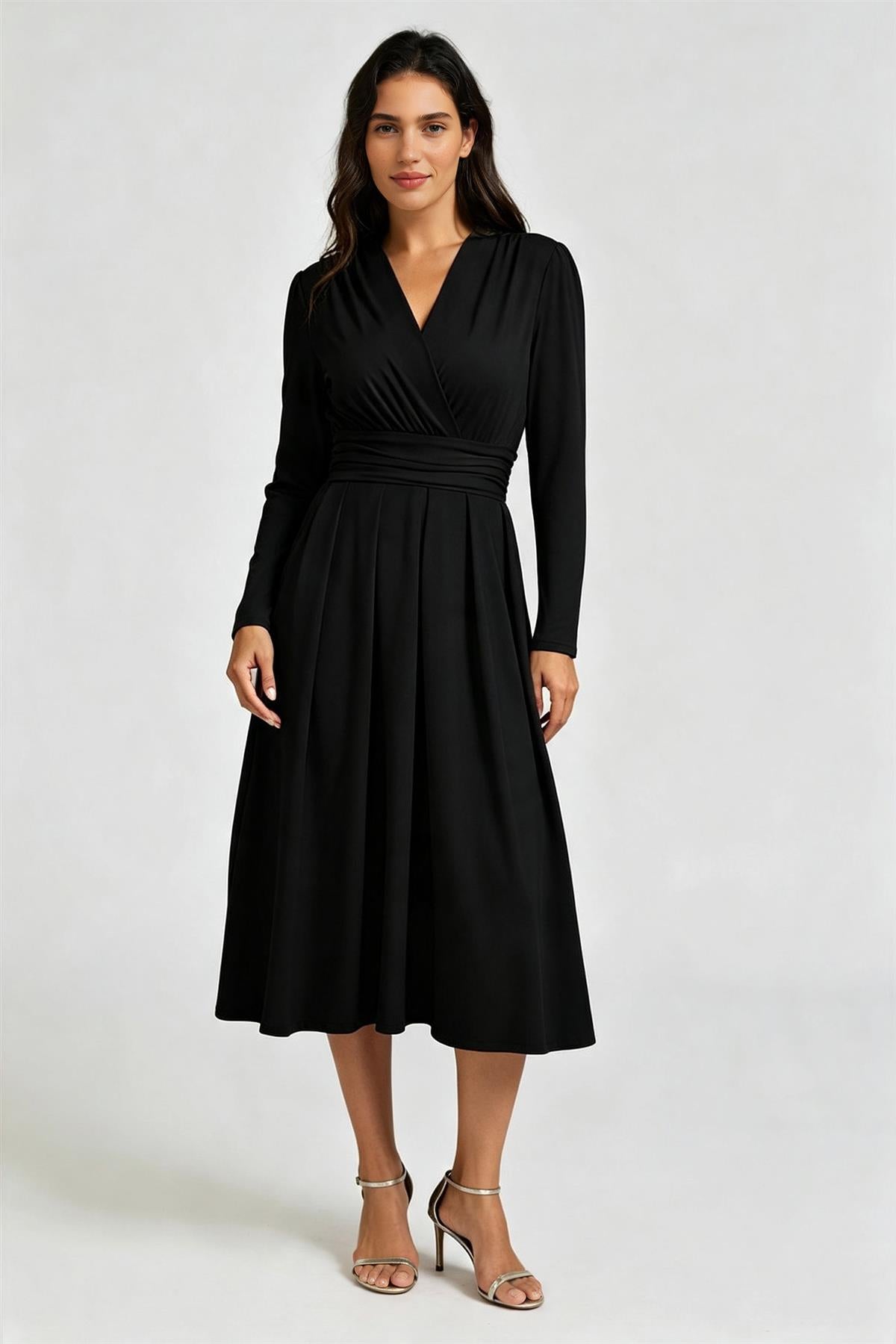 FS Collection Black Jersey Long Sleeve Midi Dress