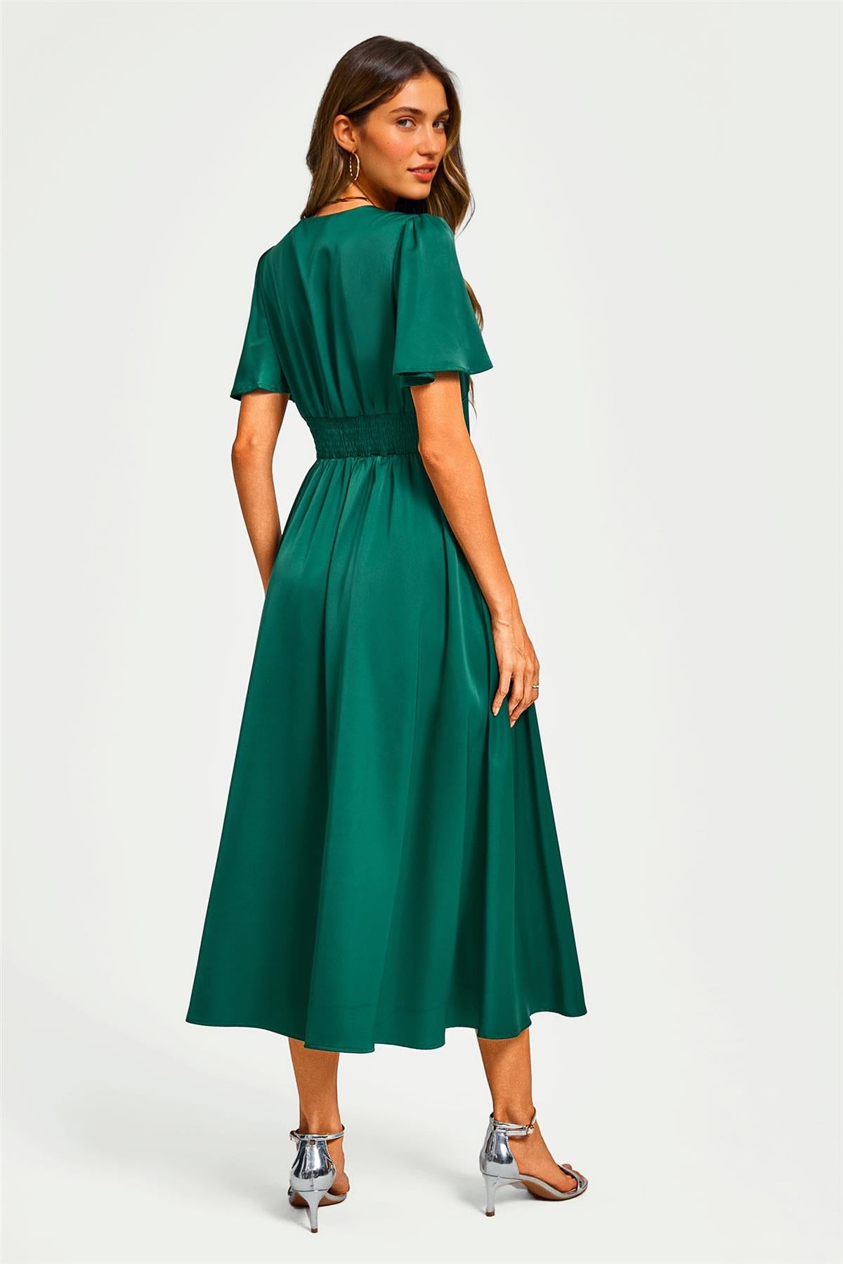 FS Collection Satin V neckline Button Detail Dress In Green Love My Apparel FS Collection Satin V neckline Button Detail Dress In Green Love My Apparel