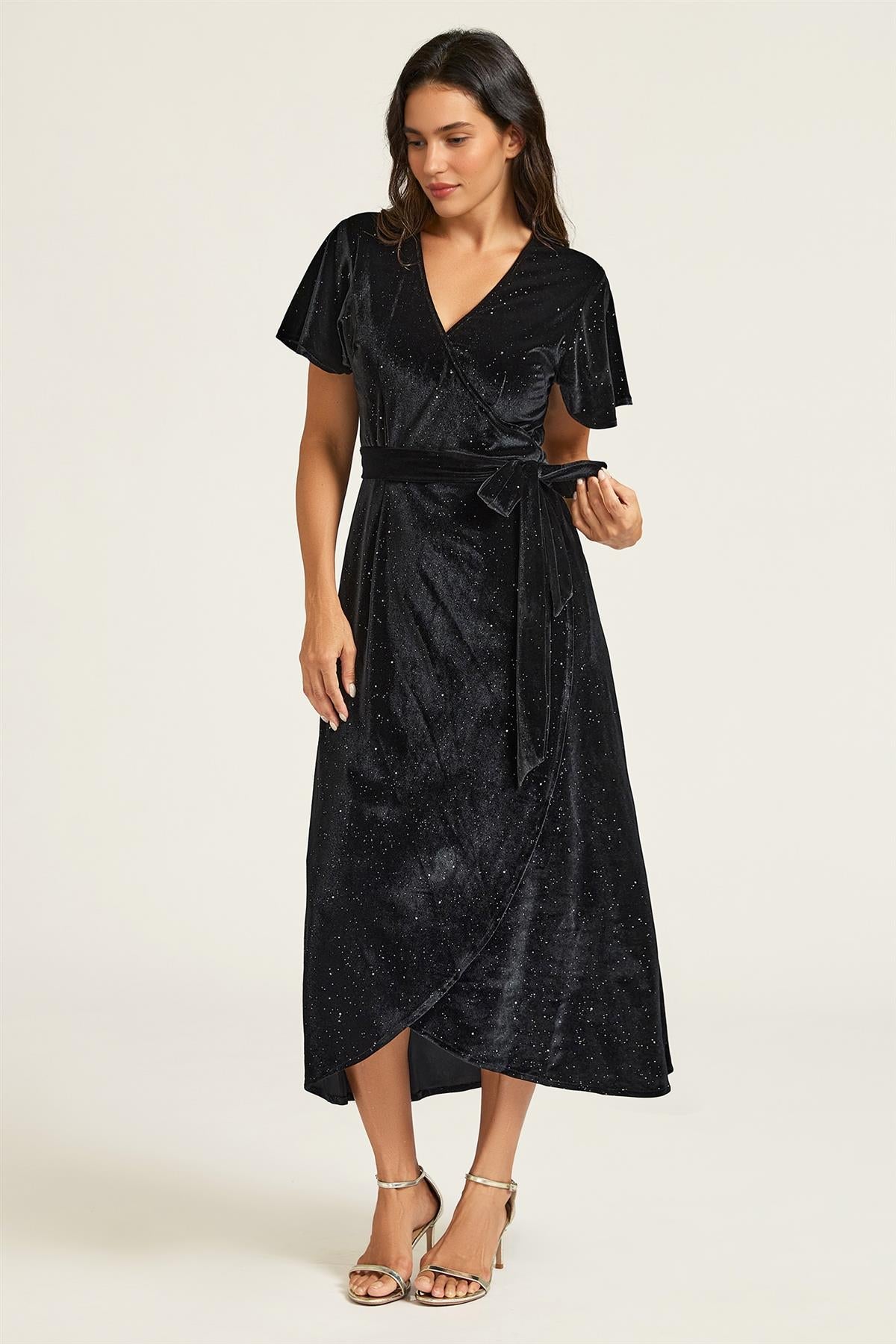 FS Collection Black Sparkly Star Night Velvet Wrap Midi Dress
