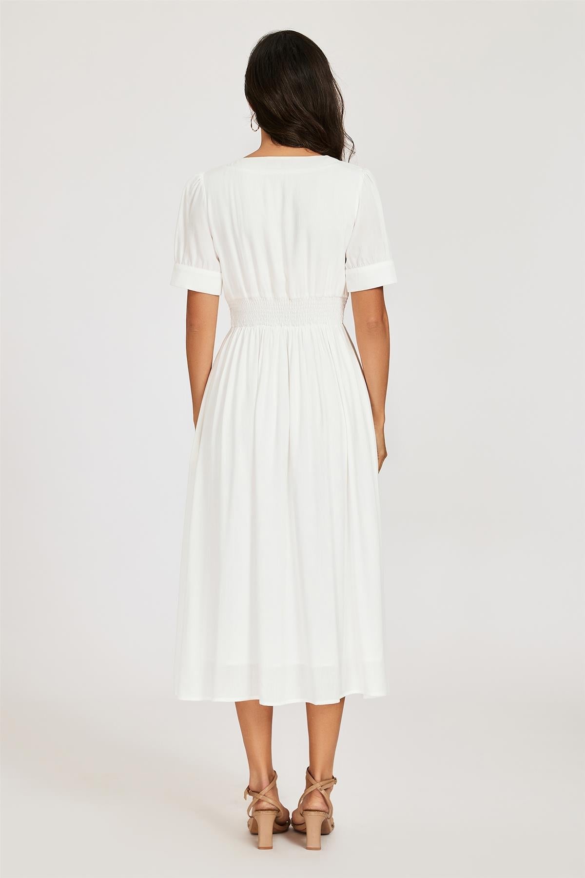 FS Collection Button Front Short Sleeve Midi Dress In White