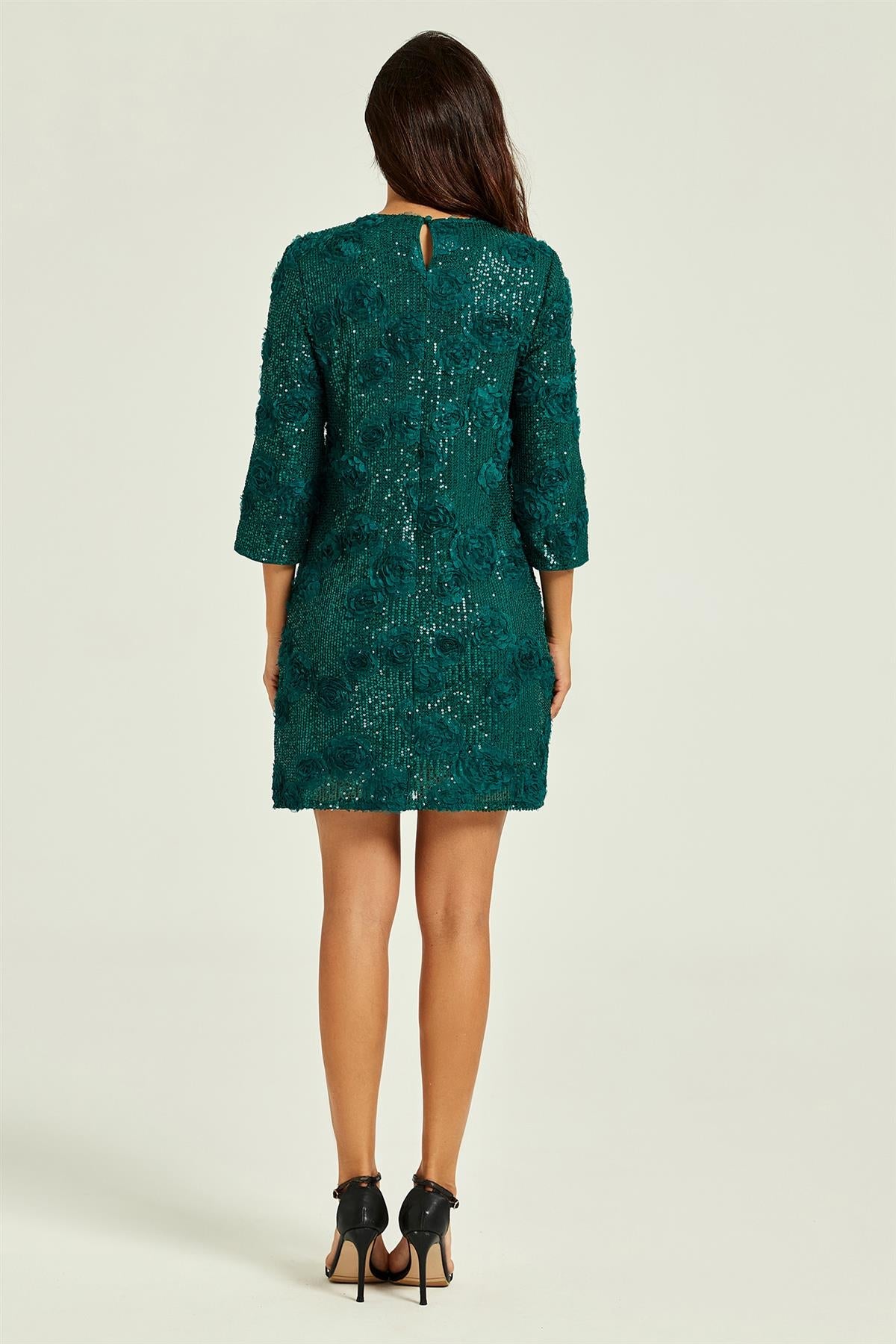 FS Collection Floral Sequin 3/4 Sleeve Mini Dress In Emerald Green