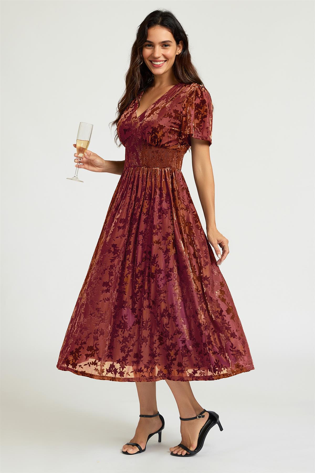 FS Collection Velvet Burnout V-Neck Angel Sleeve Midi Dress