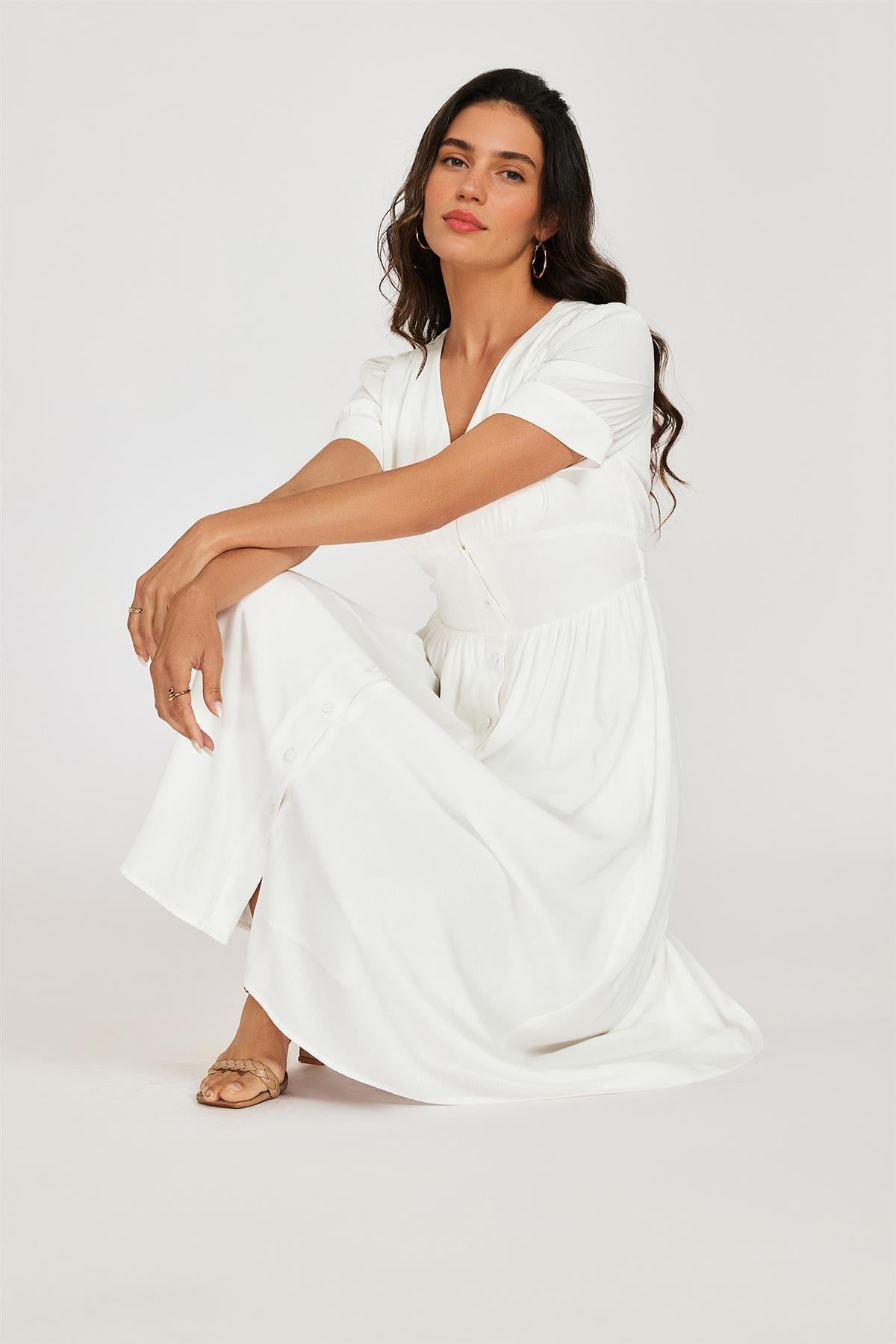 FS Collection Button Front Short Sleeve Midi Dress In White