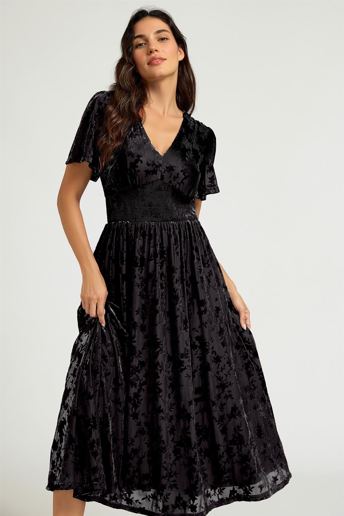 FS Collection Black Velvet Burnout V-Neck Angel Sleeve Midi Dress