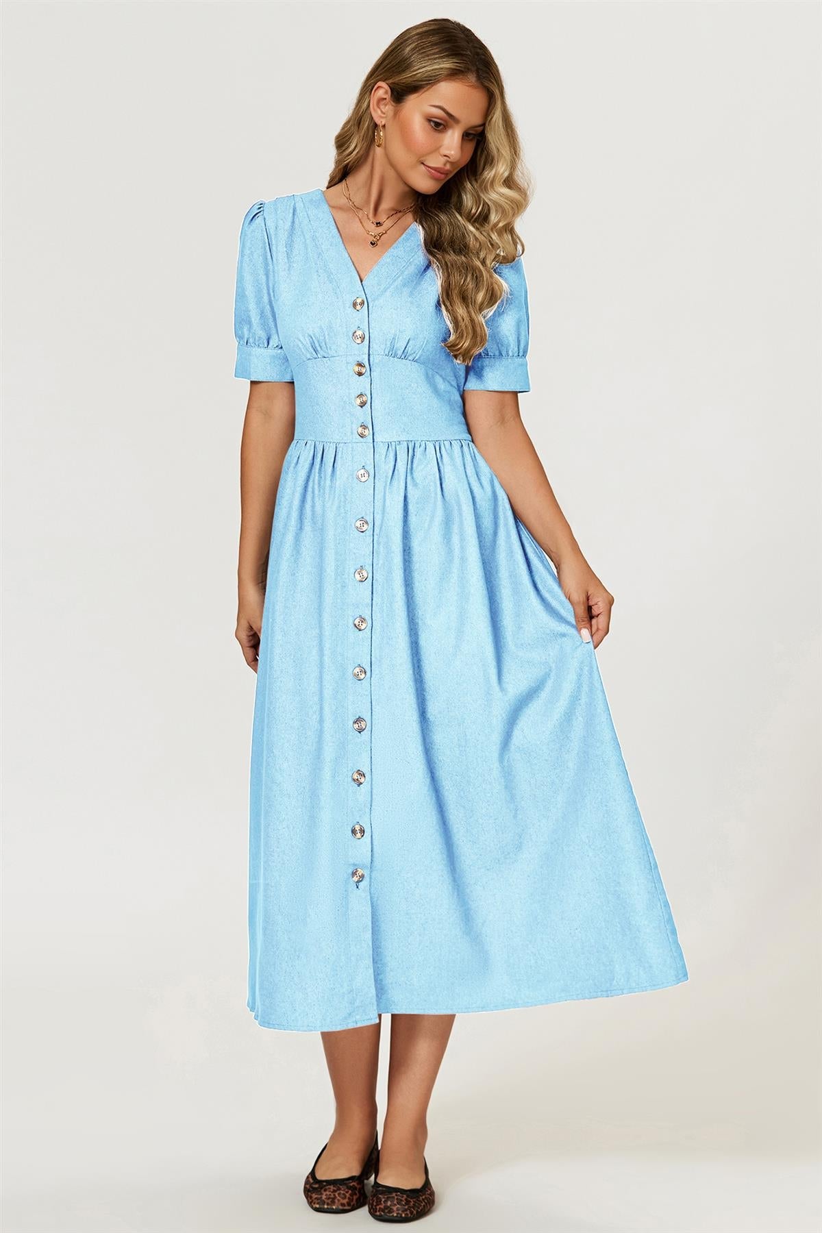 FS Collection Puff Sleeve Button Down Denim Midi Dress In Light Blue