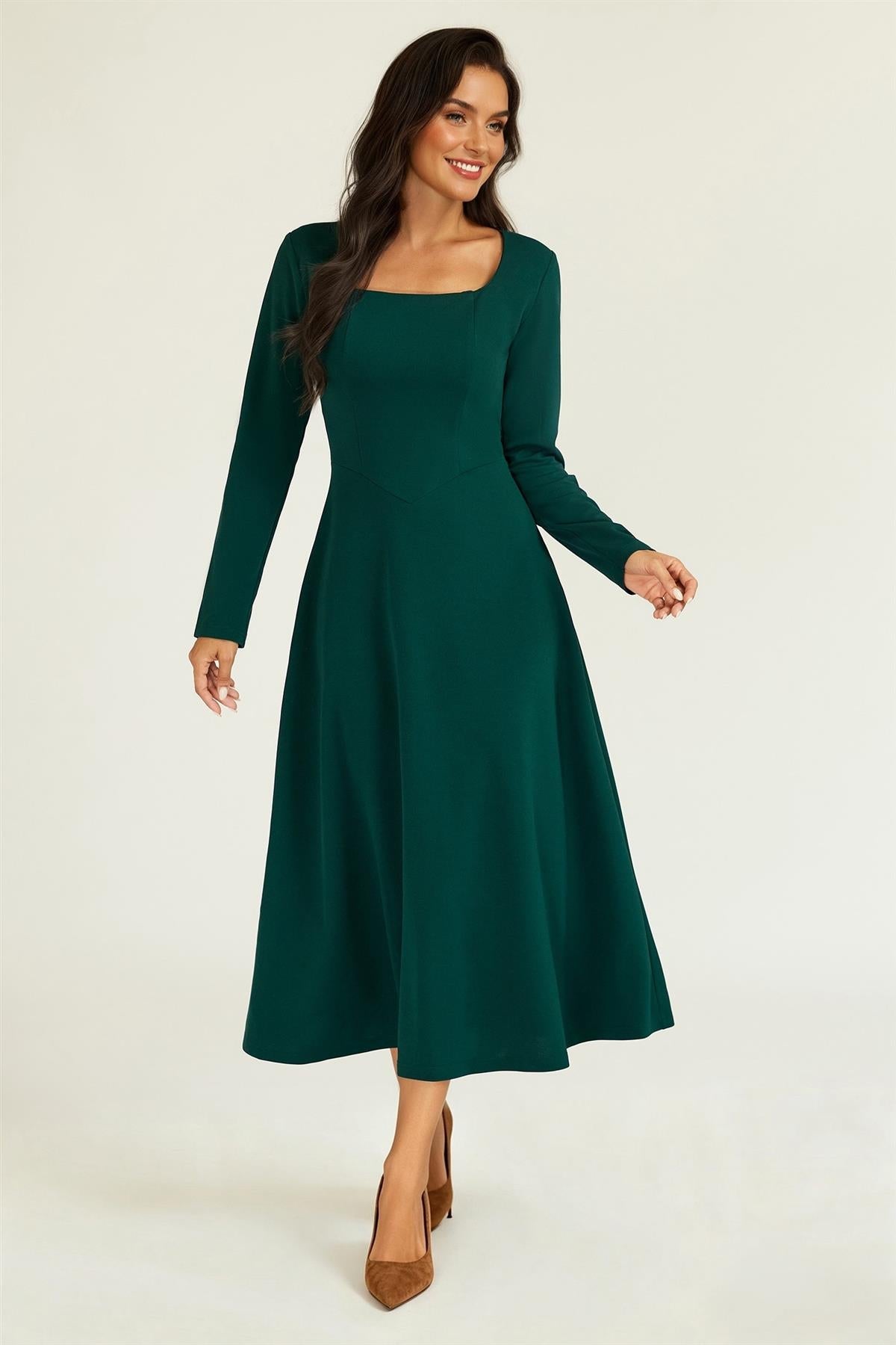 Square Neck Long Sleeve Fit & Flare Midi Dress In Green