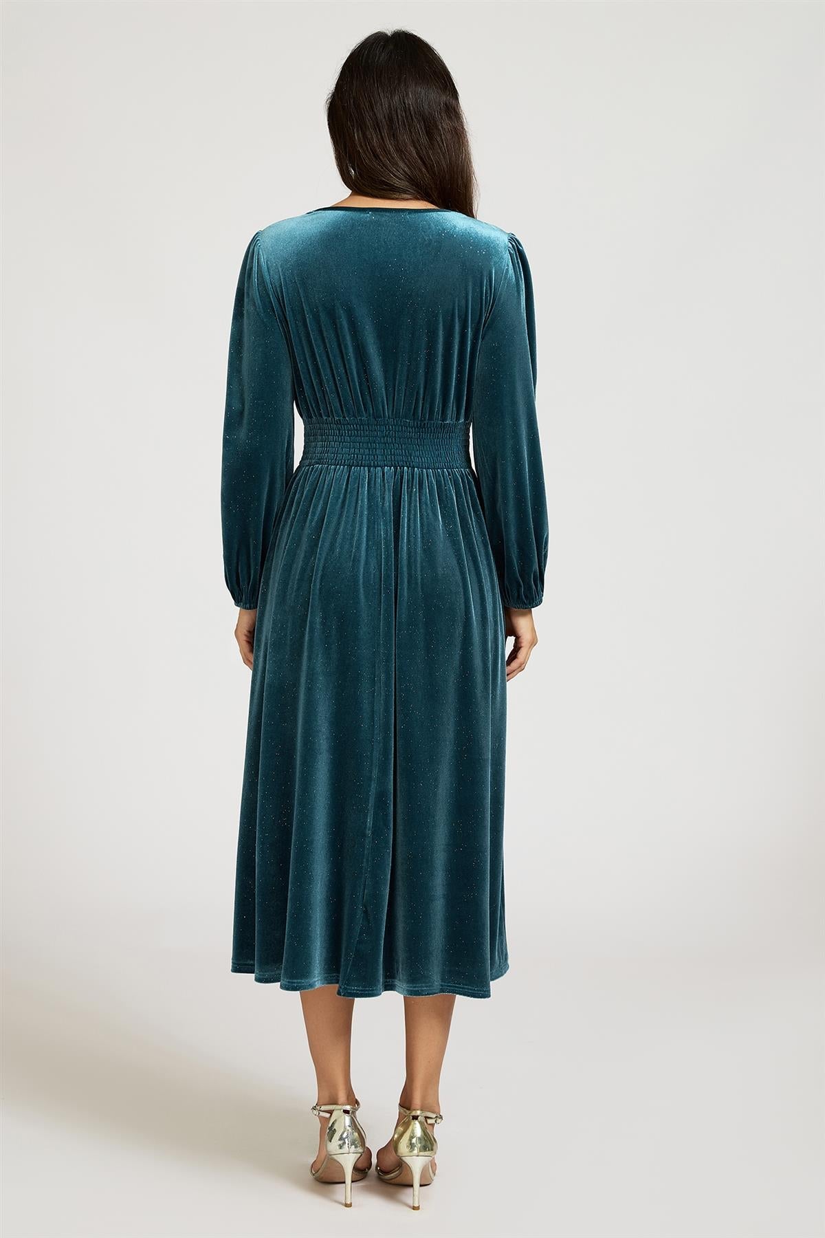 FS Collection Silver Foil Velvet Lace Trim Neckline Midi Dress In Teal