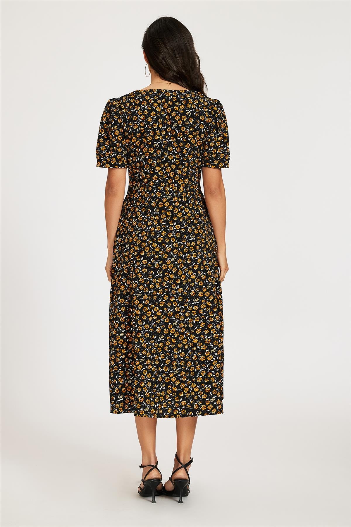 FS Collection Floral Print Button Front Puff Sleeve Midi Dress In Black
