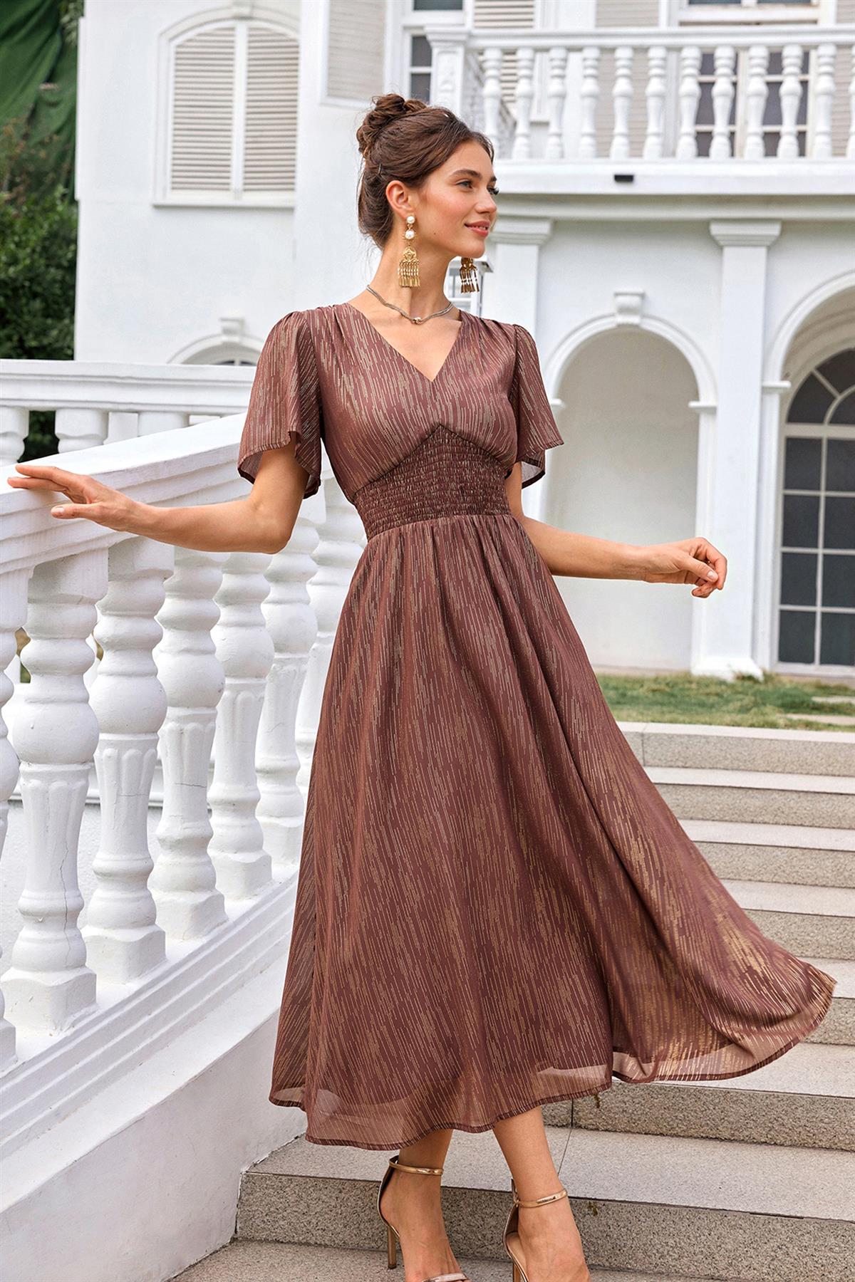 FS Collection Angel Sleeve Gold Stripe Foil Midi Dress In Brown
