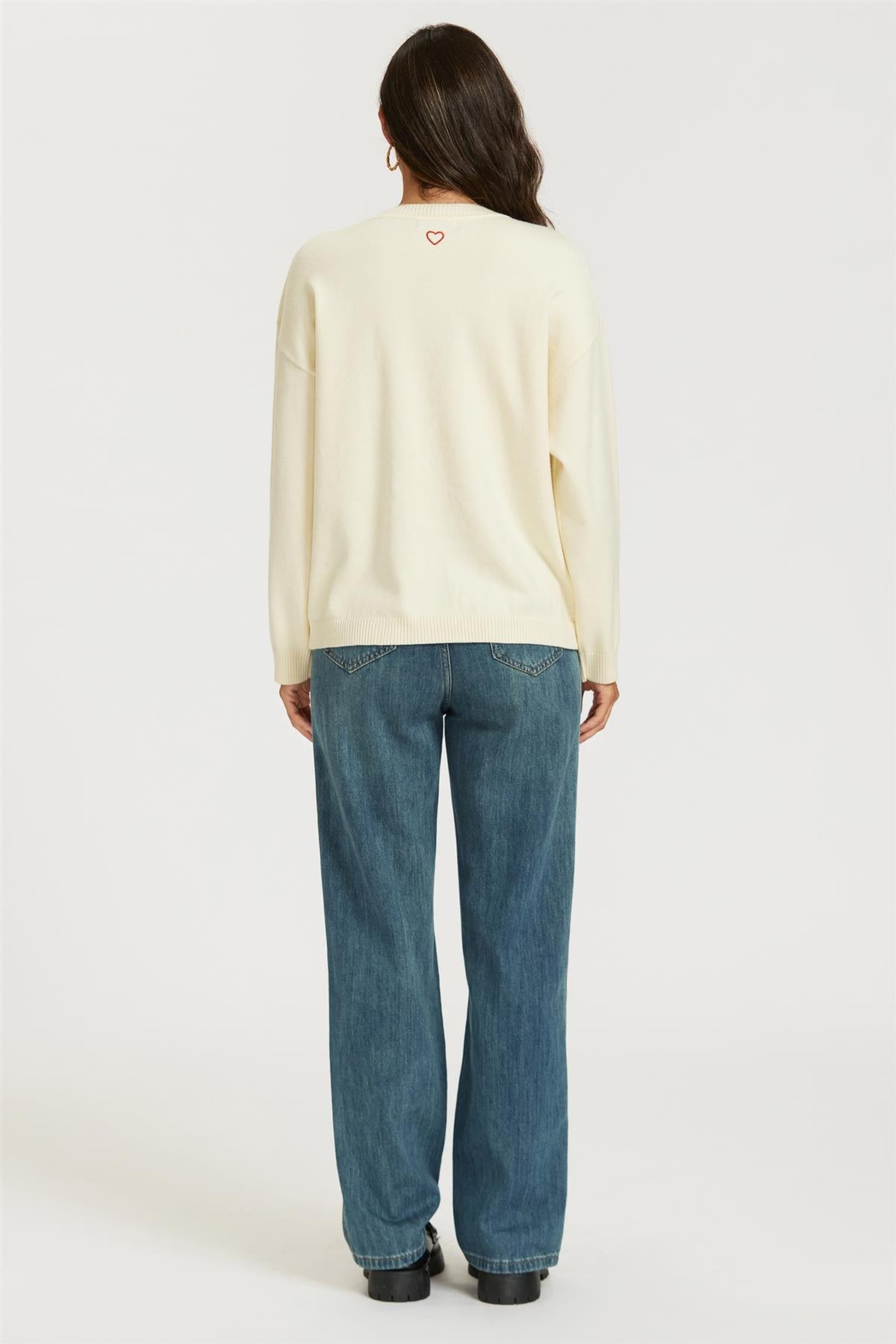 FS Collection Heart Embroidered Knit Jumper Top In Cream