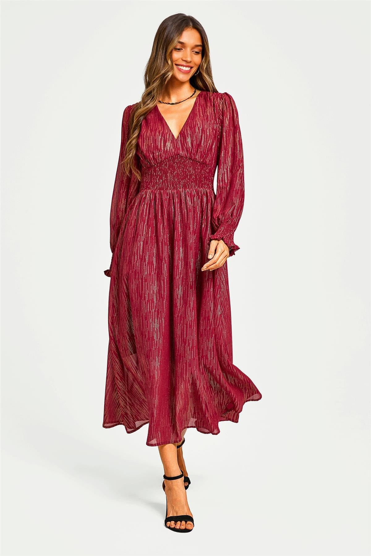 Gold Stripe Foil Long Sleeve Maxi Dress In Wine