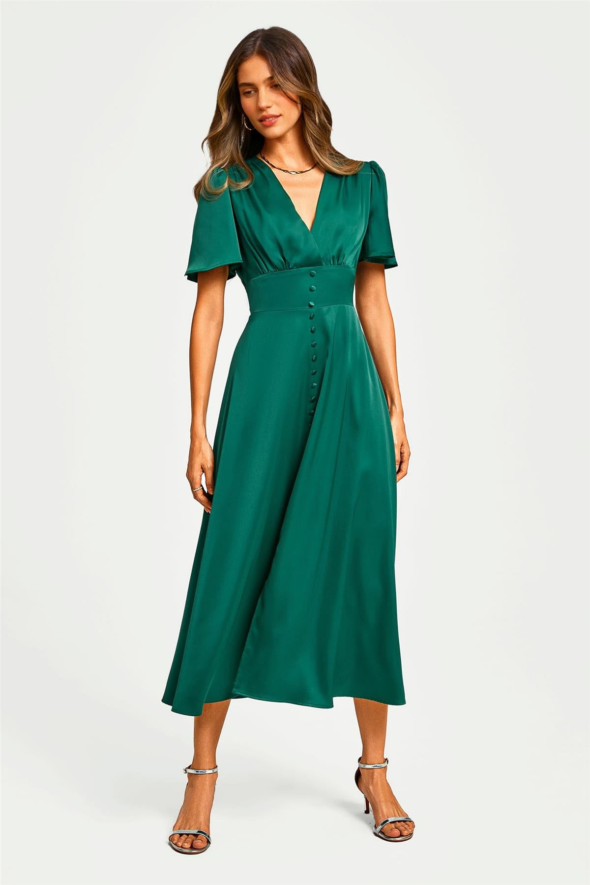 Satin V neckline Button Detail Dress In Green