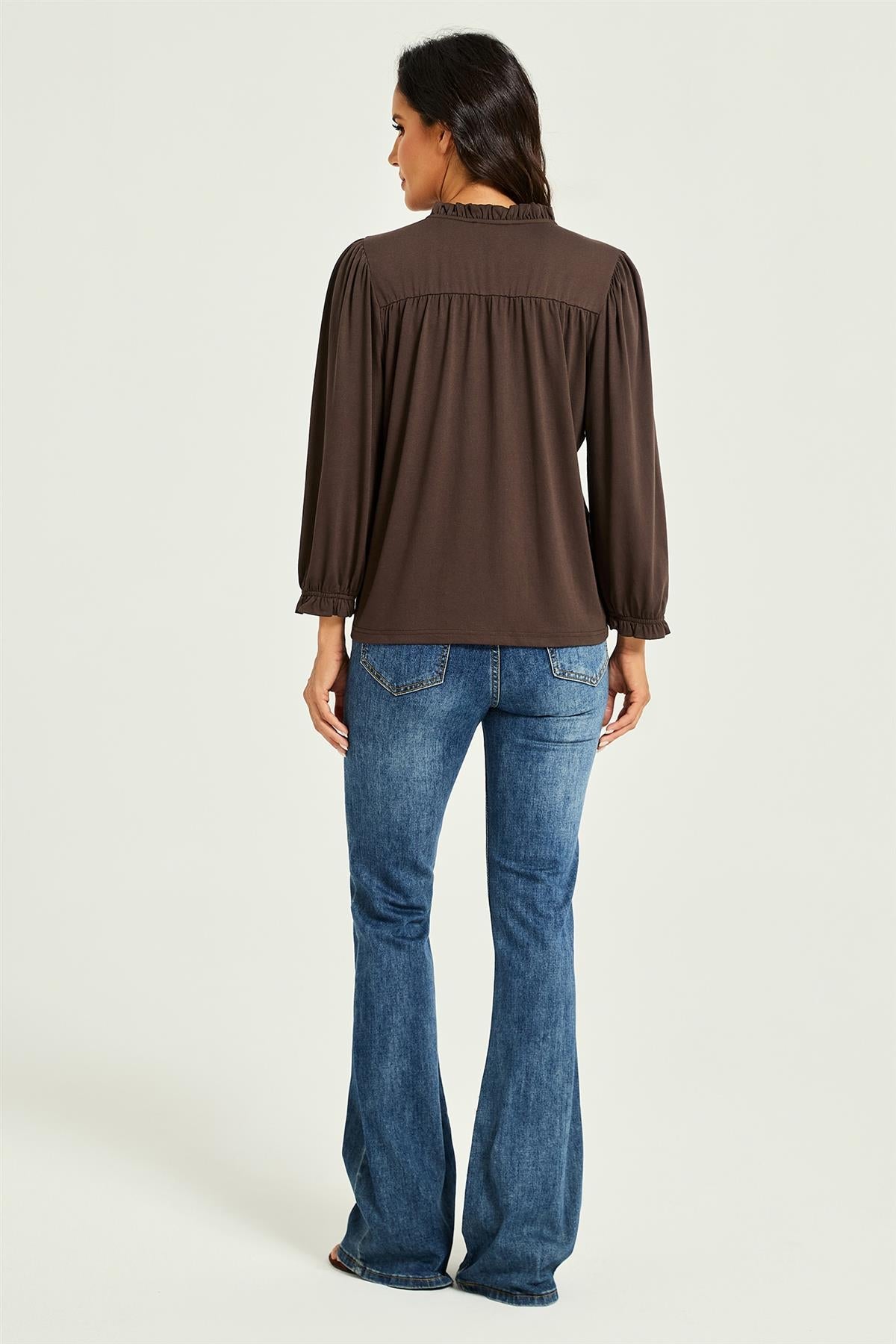 Frill Neck Long Sleeve Jersey Blouse Brown