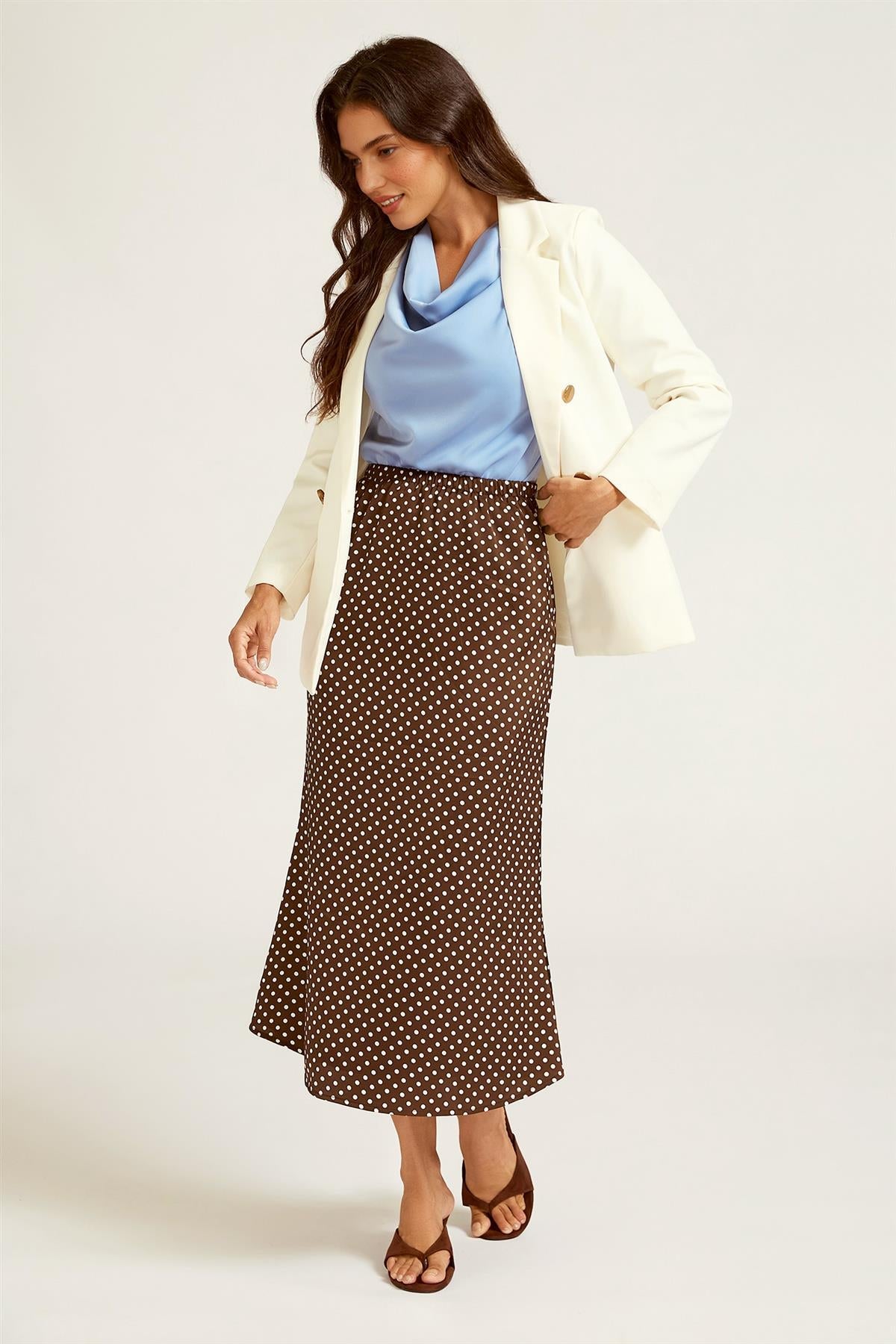 Polka Dot Print Satin Midi Skirt In Brown