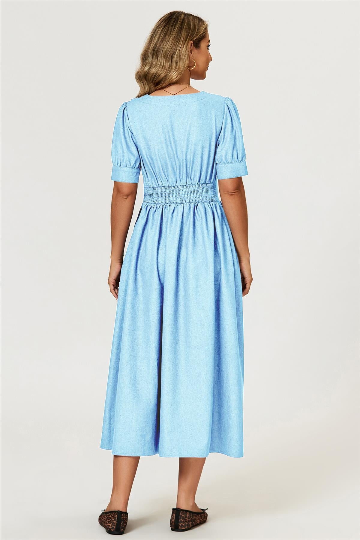 FS Collection Puff Sleeve Button Down Denim Midi Dress In Light Blue