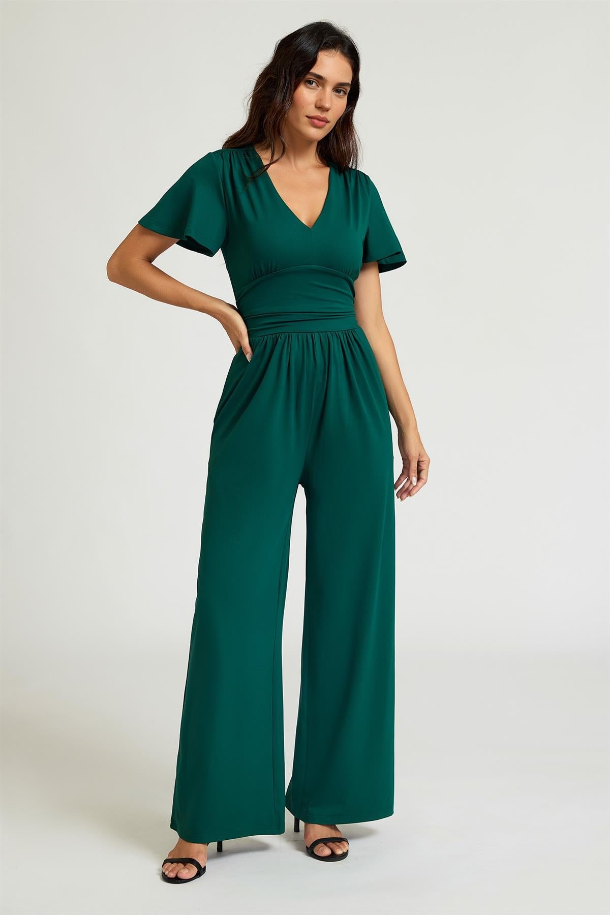 FS Collection V-Neck Ruched Waist Jumpsuit In Green