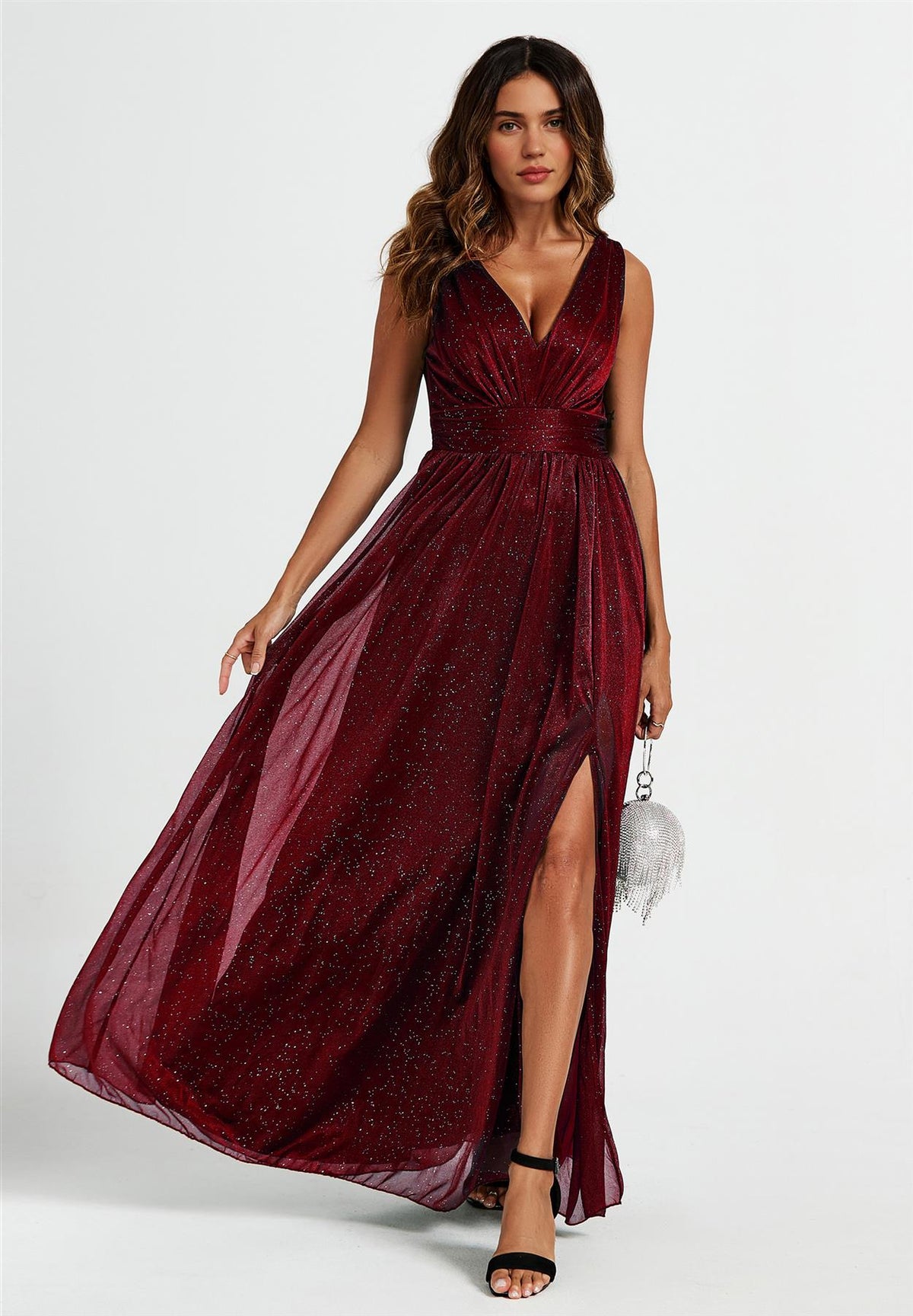 FS Collection Sparkly V Neck Burgundy Maxi Dress