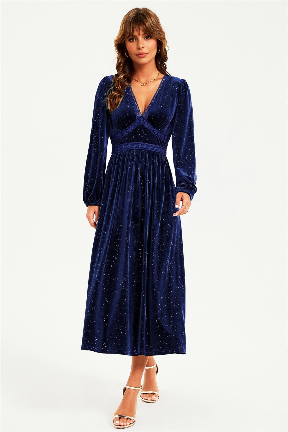 Silver Foil Velvet Lace Trim Neckline Midi Dress In Navy