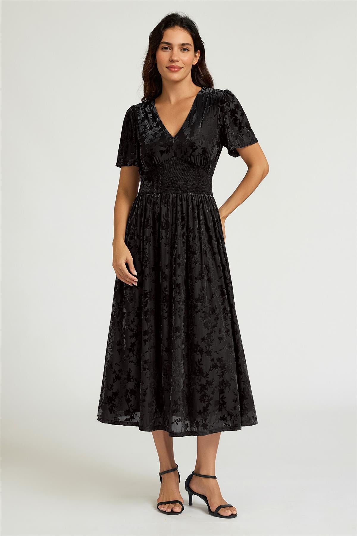 FS Collection Black Velvet Burnout V-Neck Angel Sleeve Midi Dress