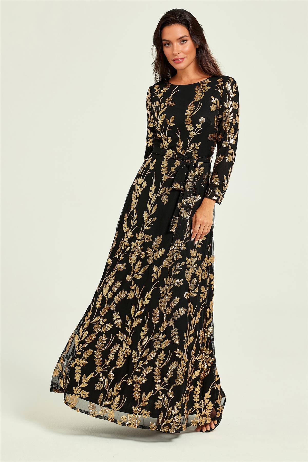 FS Collection Gold Sequin Leaf Long Sleeve Bridesmaid Maxi Dress In Black