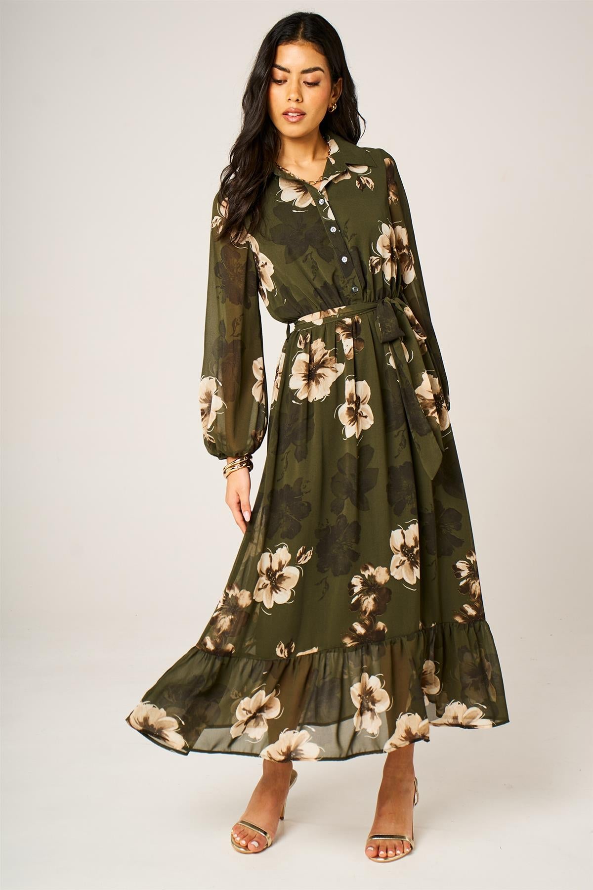 Large Floral Print Hem Detail Shirt Midi Dress With Tie Waist In Olive Green
