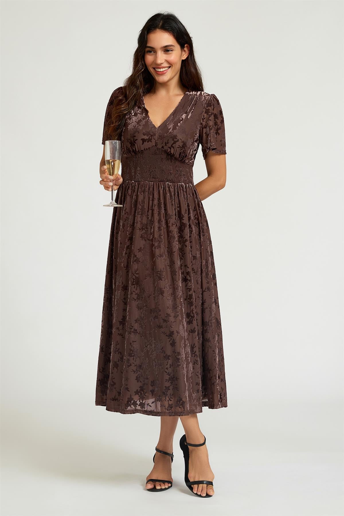 FS Collection Brown Velvet Burnout V-Neck Angel Sleeve Midi Dress