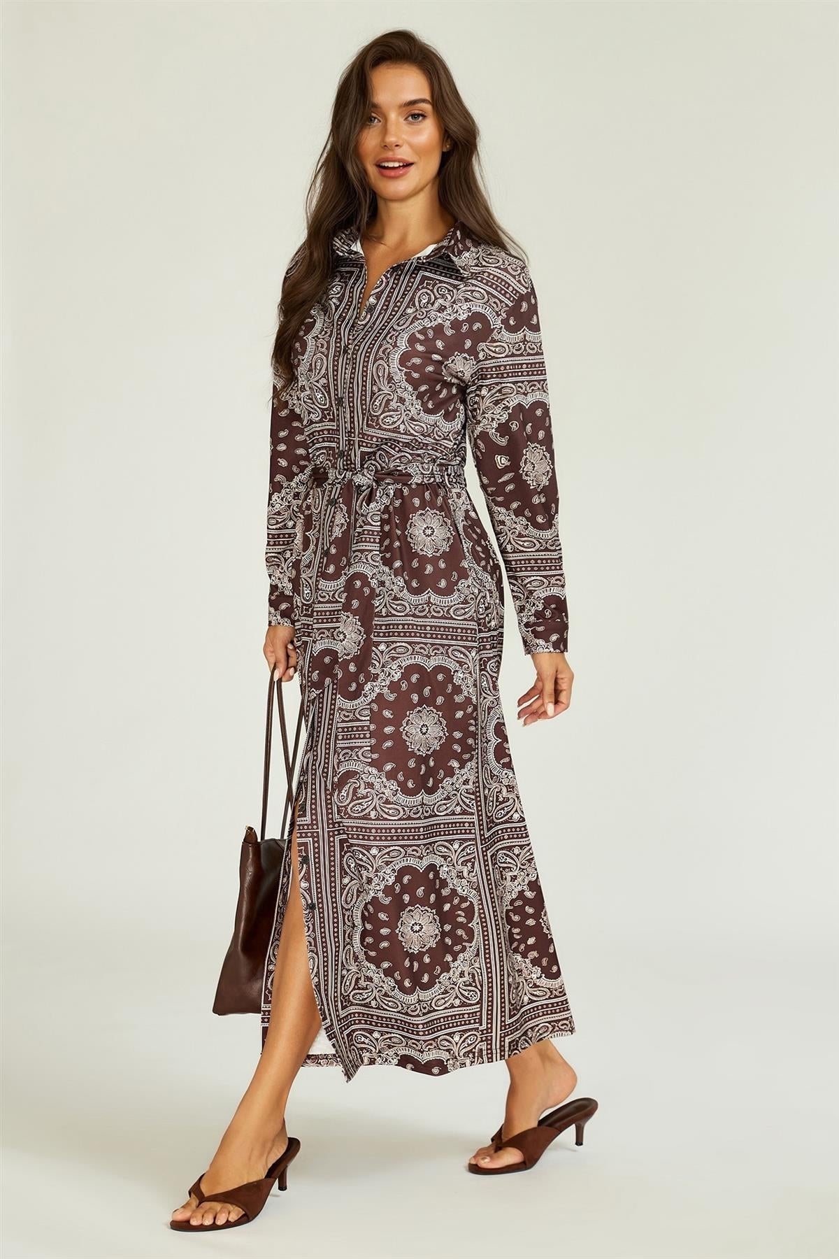 FS Collection Paisley Print Belted Jersey Midi Shirt Dress In Brown