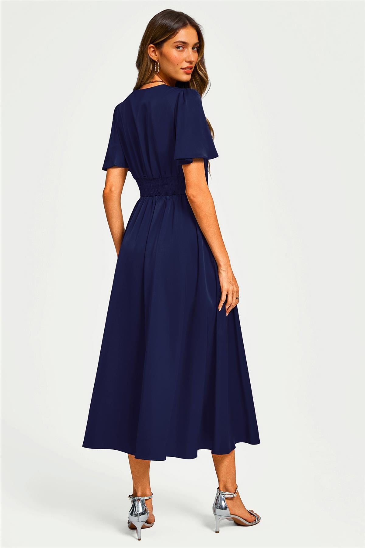 FS Collection Satin V neckline Button Detail Dress In Navy