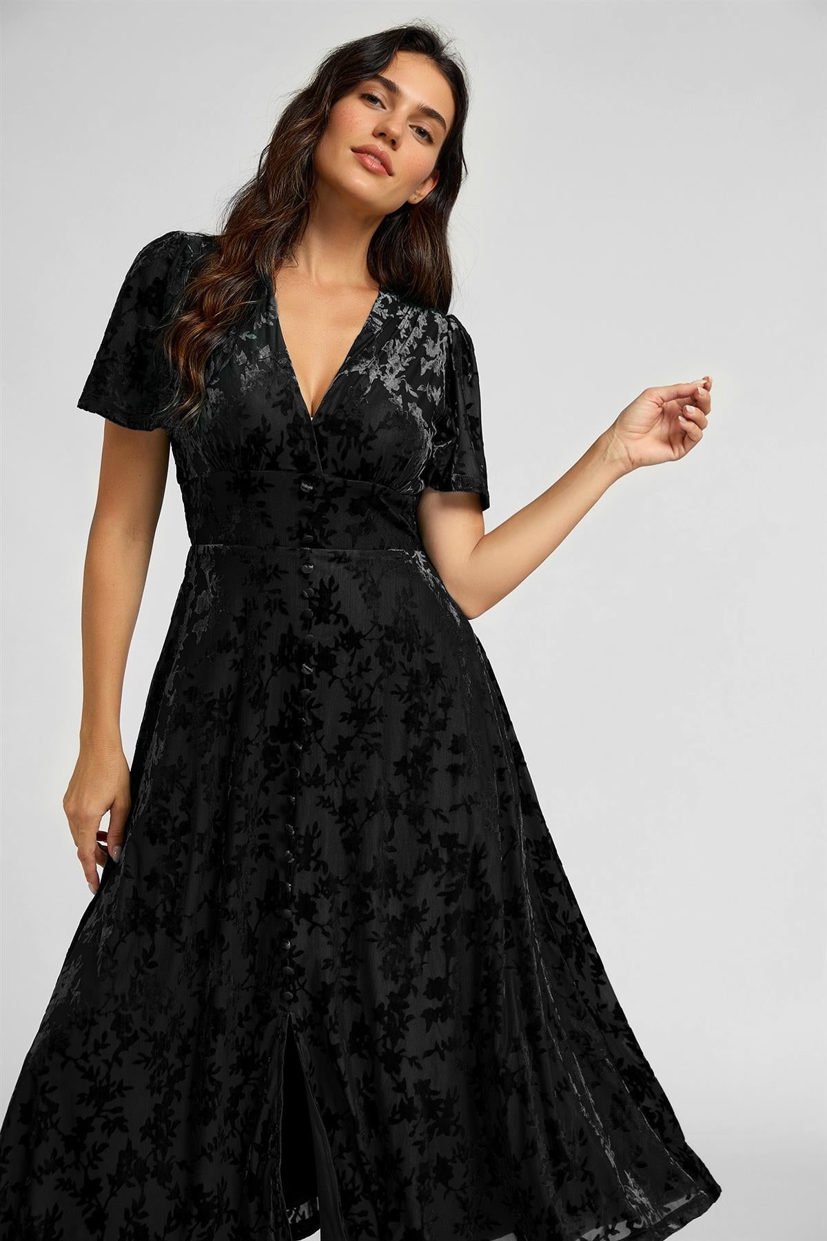 FS Collection Floral Black Velvet Devore V neckline Dress