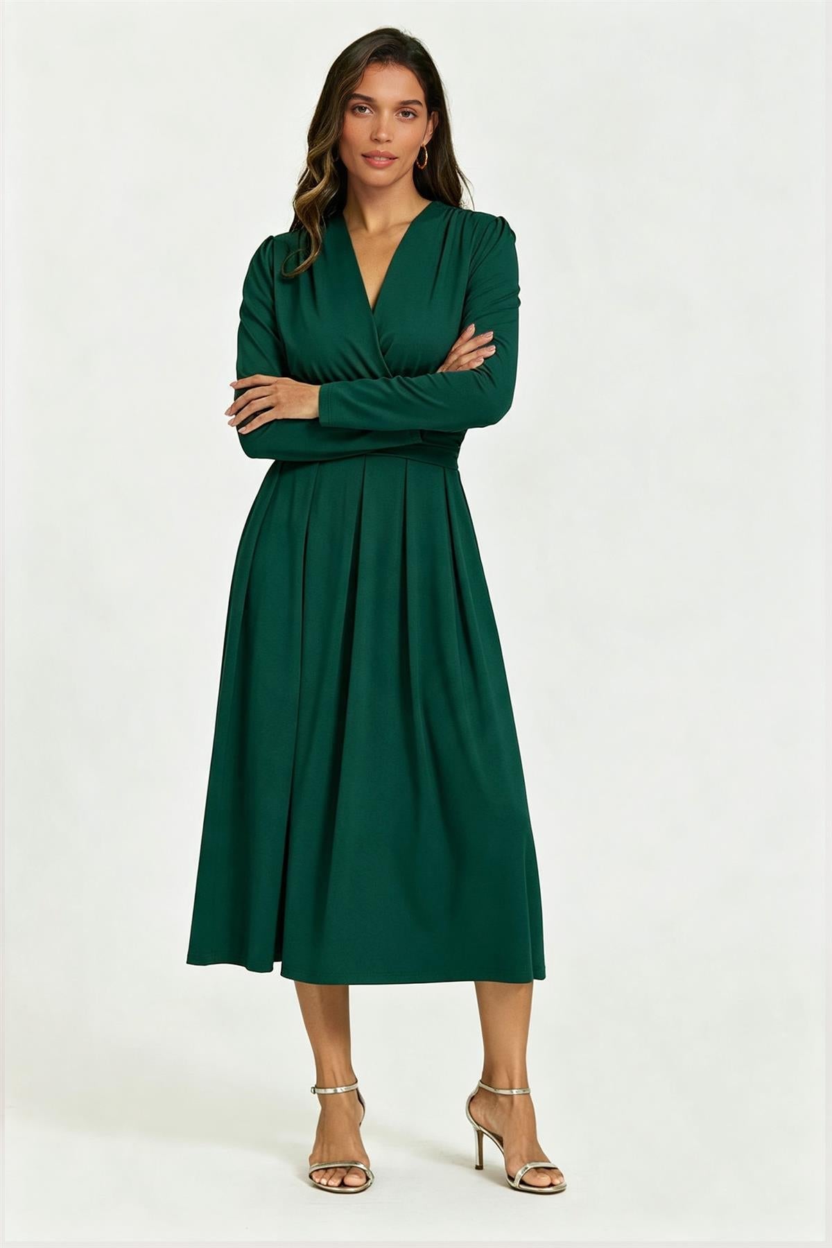 FS Collection Jersey Forest Green Long Sleeve Midi Dress
