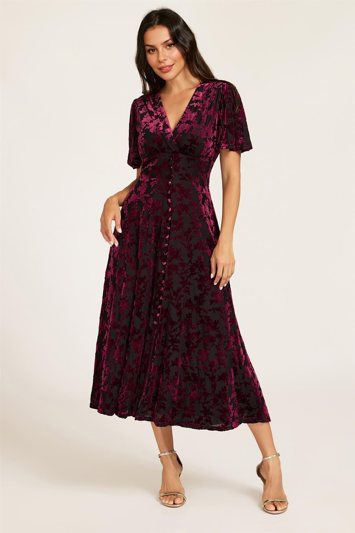 FS Collection Floral Velvet Devore V neckline Dress