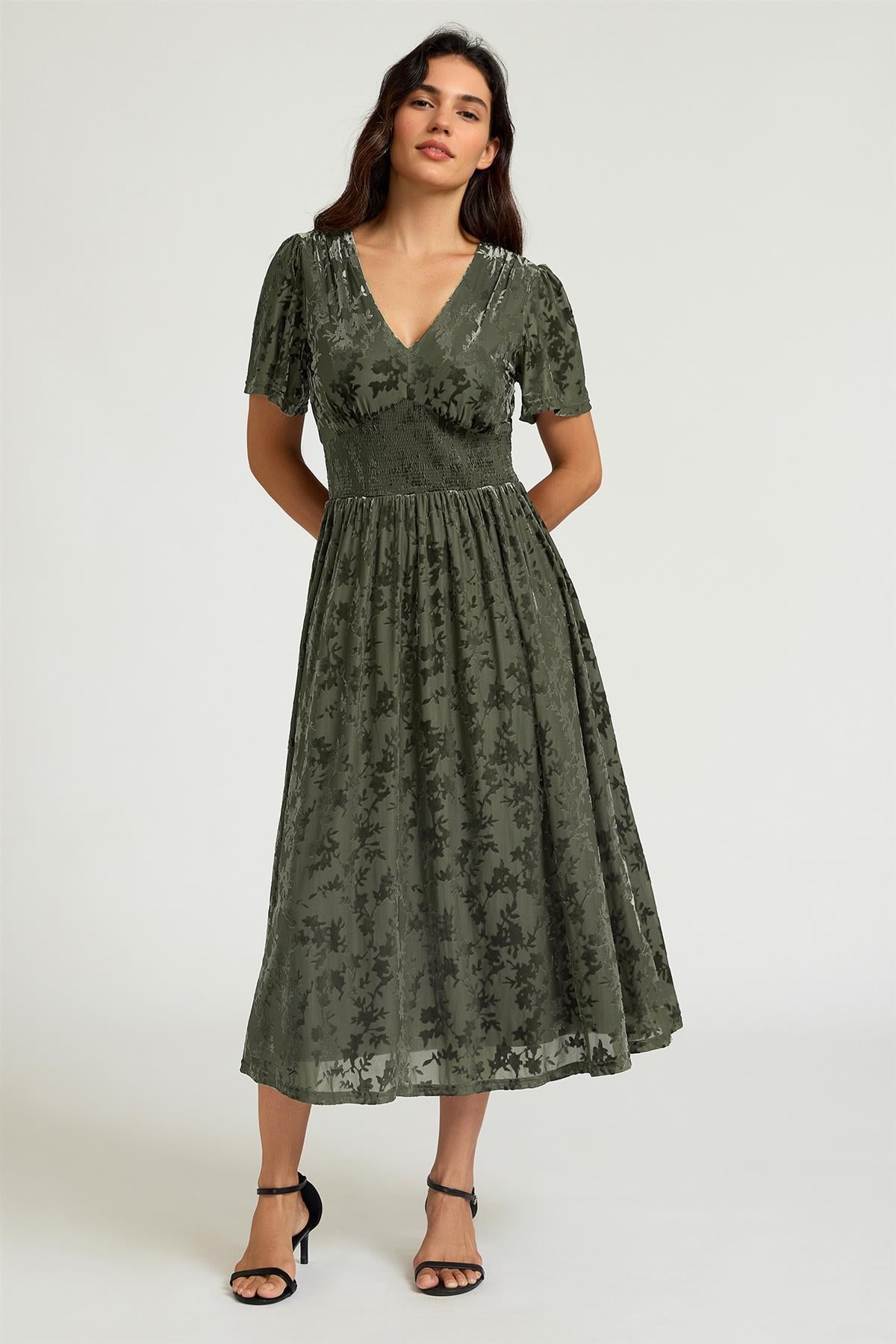 FS Collection Dark Sage Velvet Burnout V-Neck Angel Sleeve Midi Dress