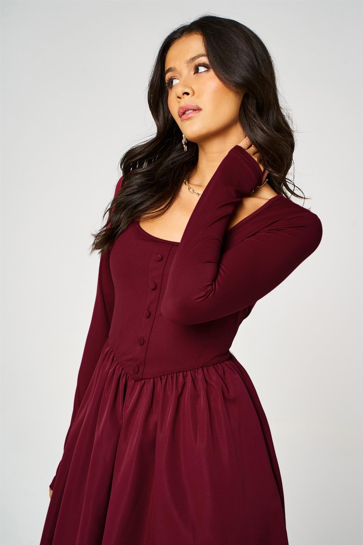 FS Collection Long Sleeve Button Detail Midi Dress In Wine