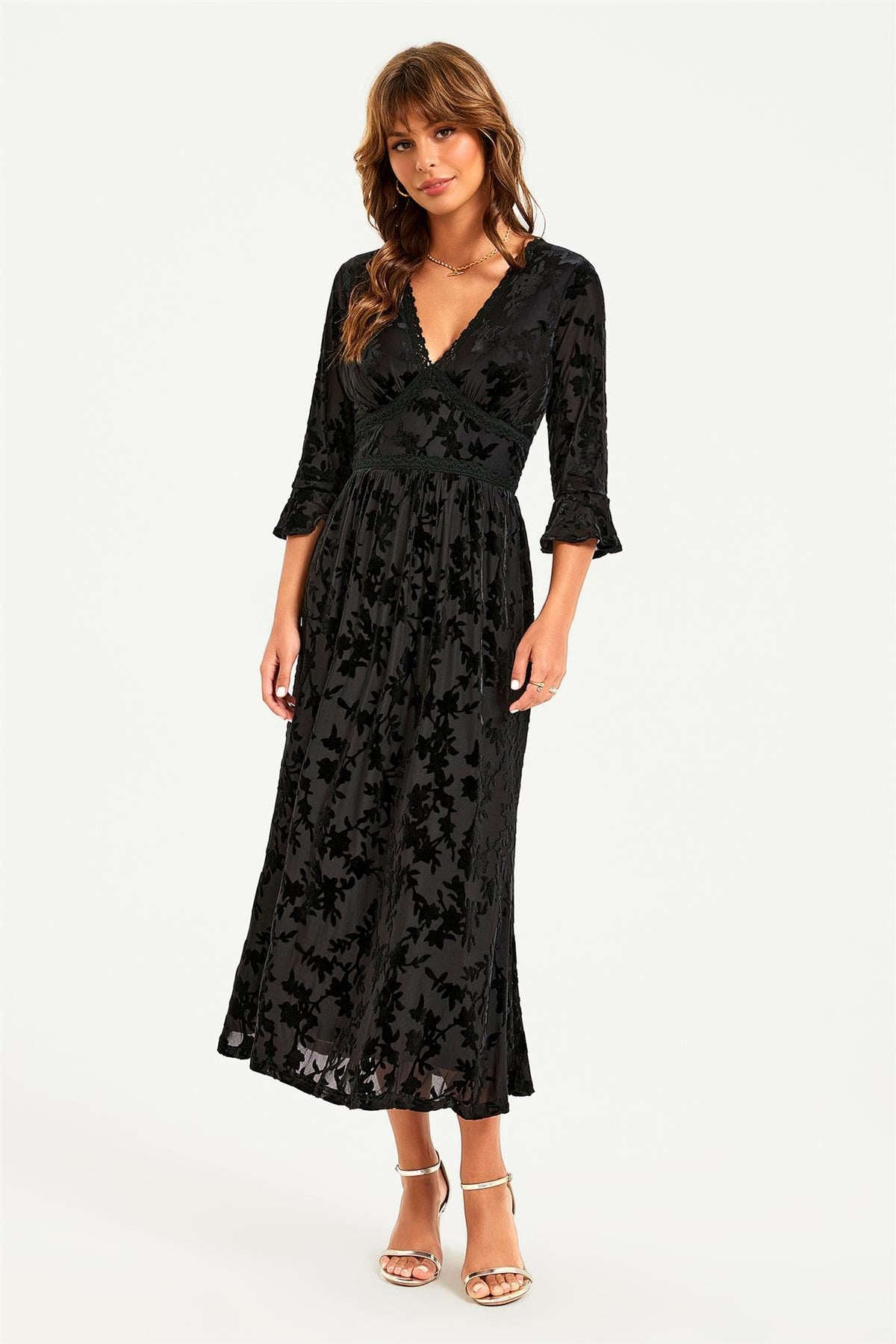Floral Velvet Devore Lace Trim Neckline Midi Dress In Black