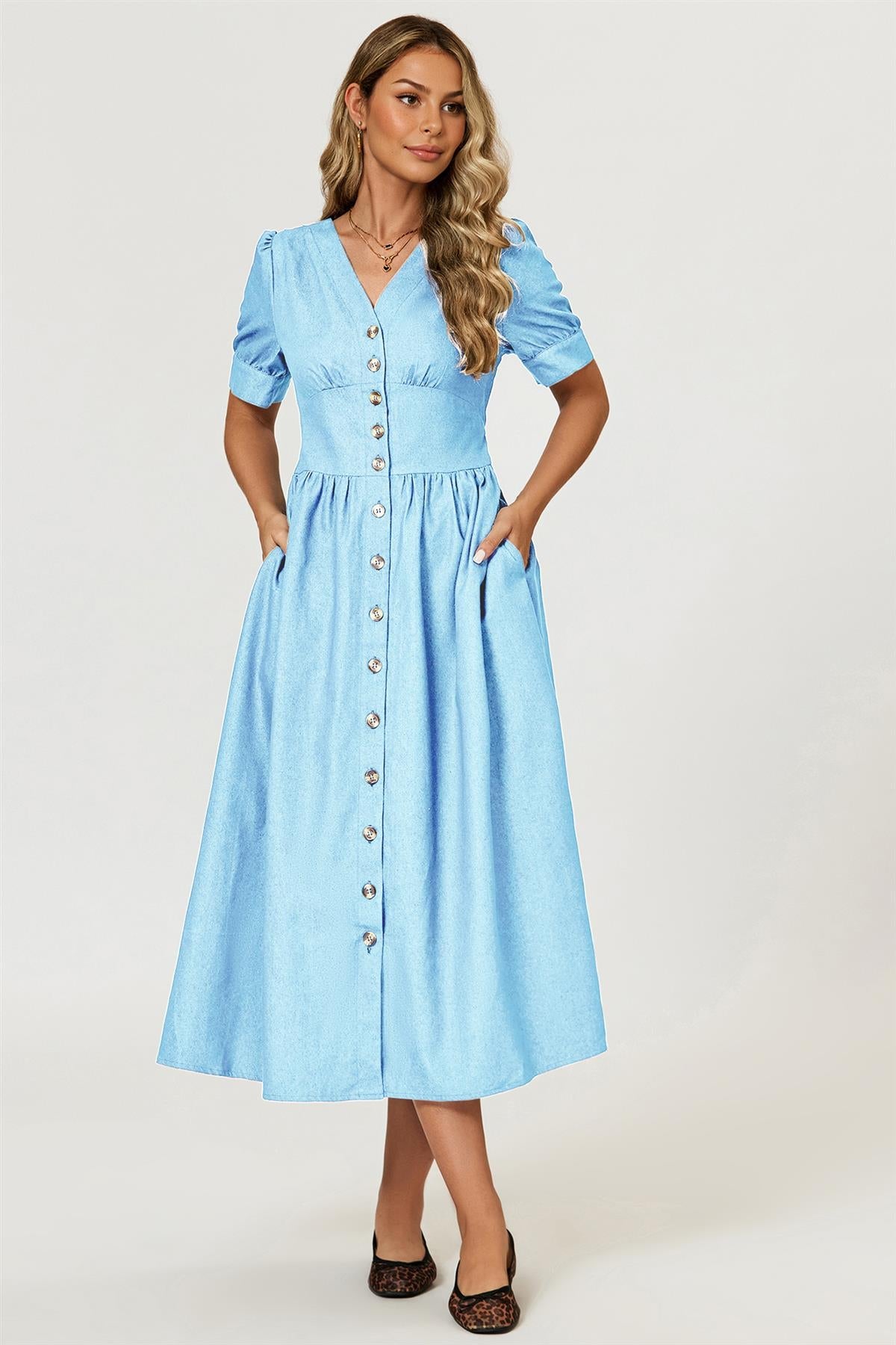 FS Collection Puff Sleeve Button Down Denim Midi Dress In Light Blue