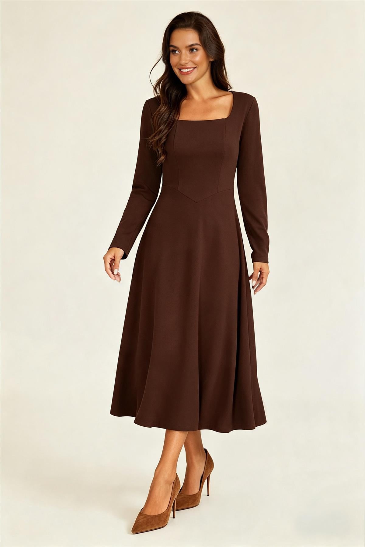 FS Collection Square Neck Long Sleeve Fit & Flare Midi Dress Espresso