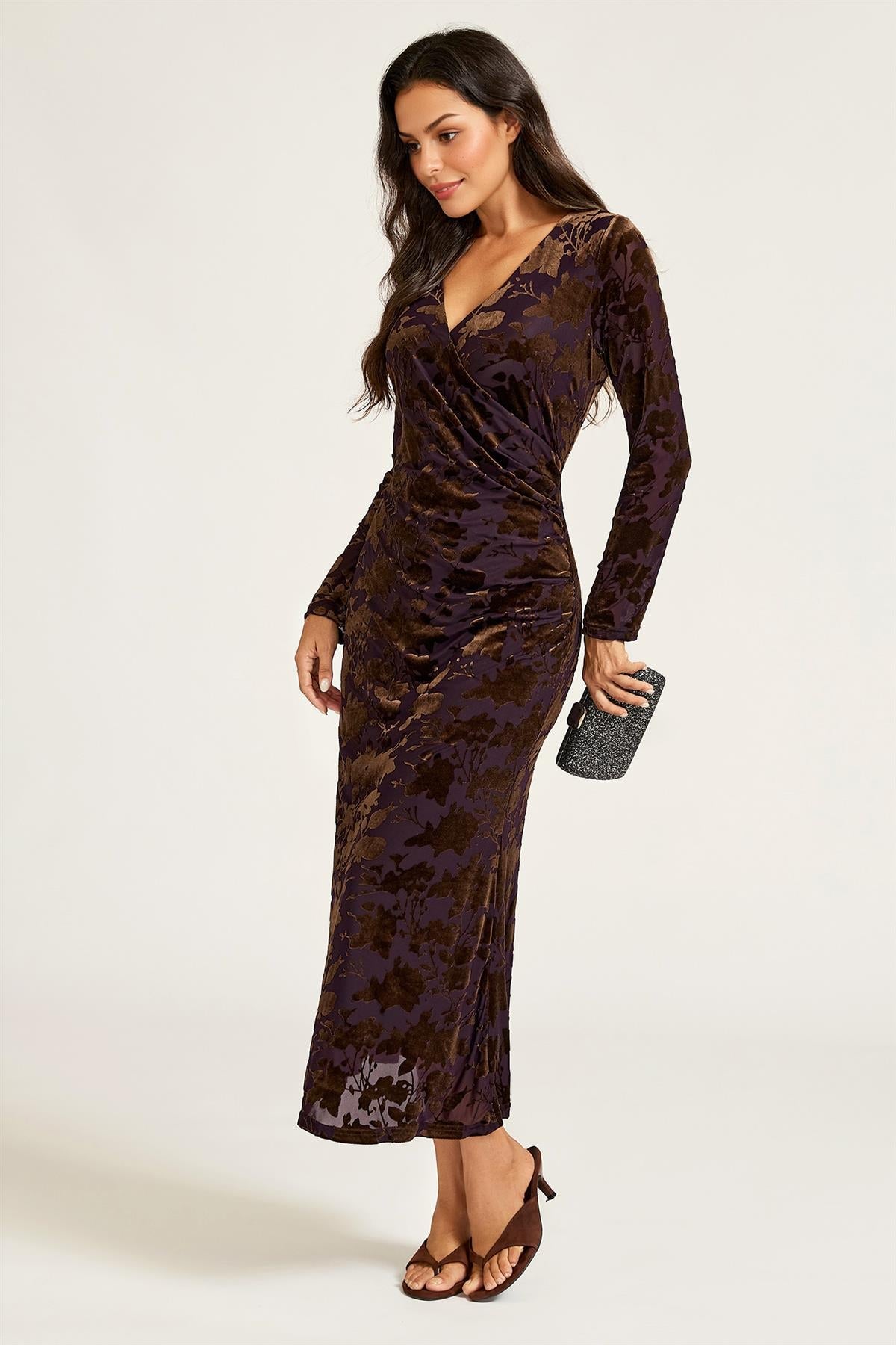 FS Collection Floral Velvet Brown Devore Long Sleeve Wrap Midi Dress